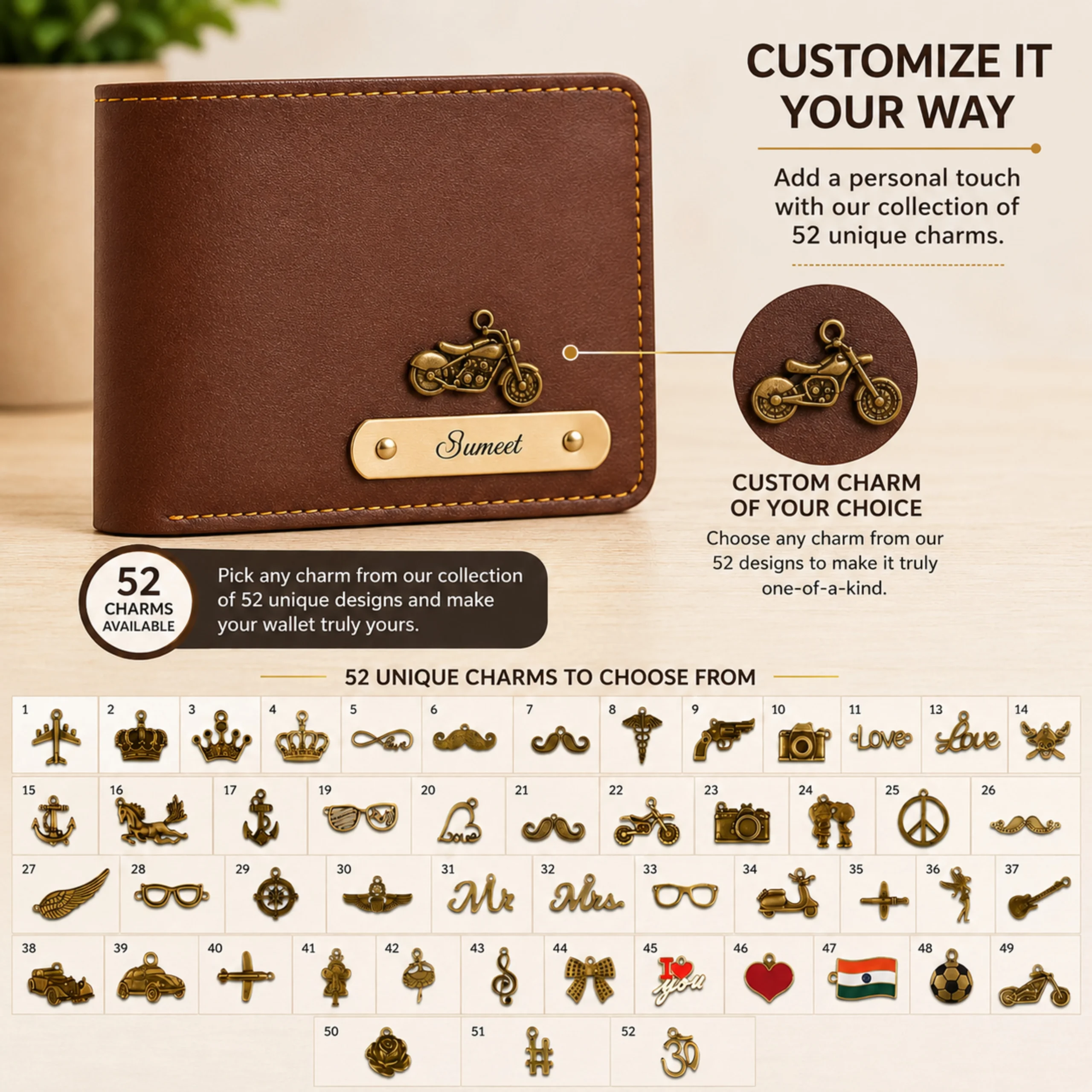 Brown personalized leather wallet for men with custom motorcycle charm engraved name plate and 52 charm design options