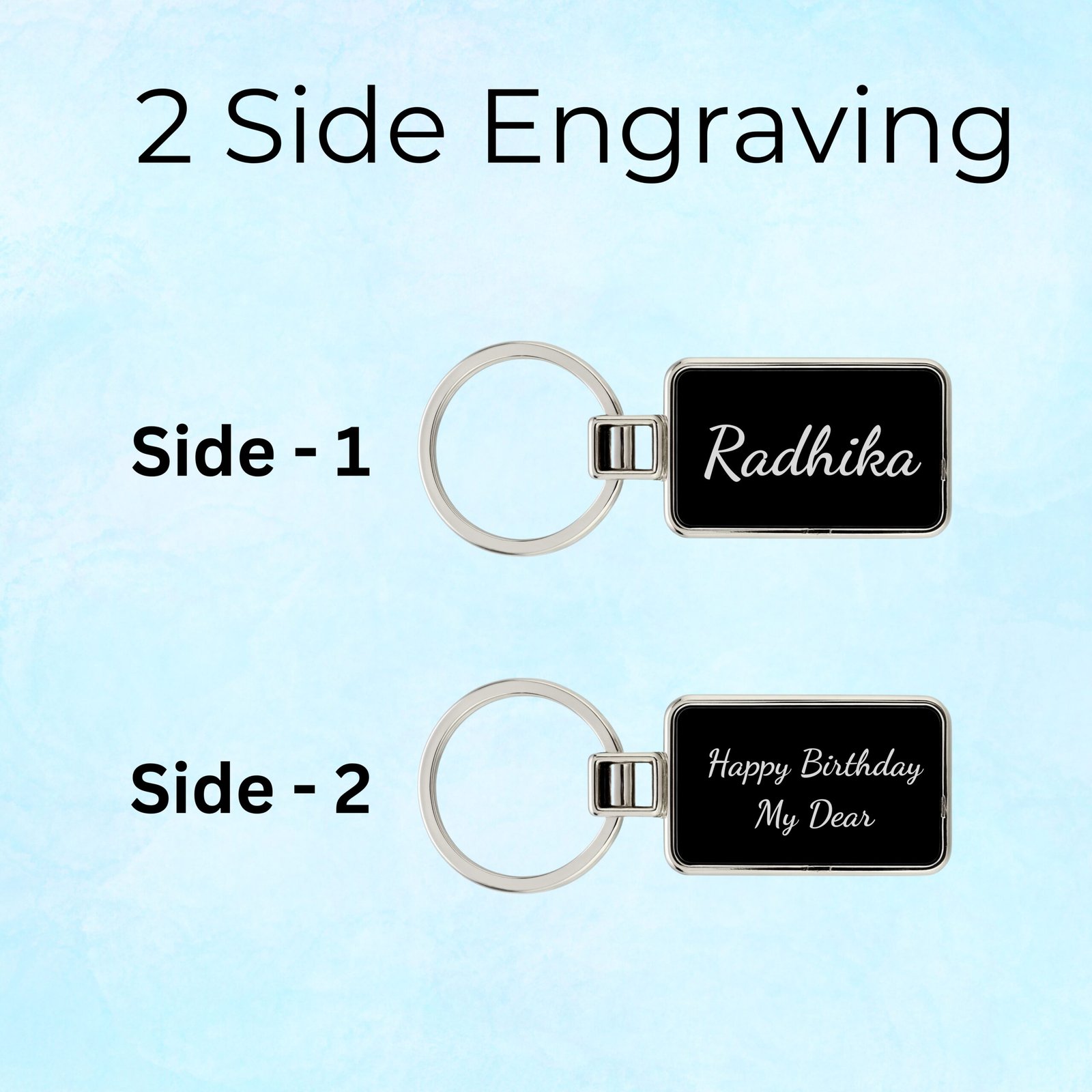 Double-sided personalized metal keychain with custom name and message engraving preview