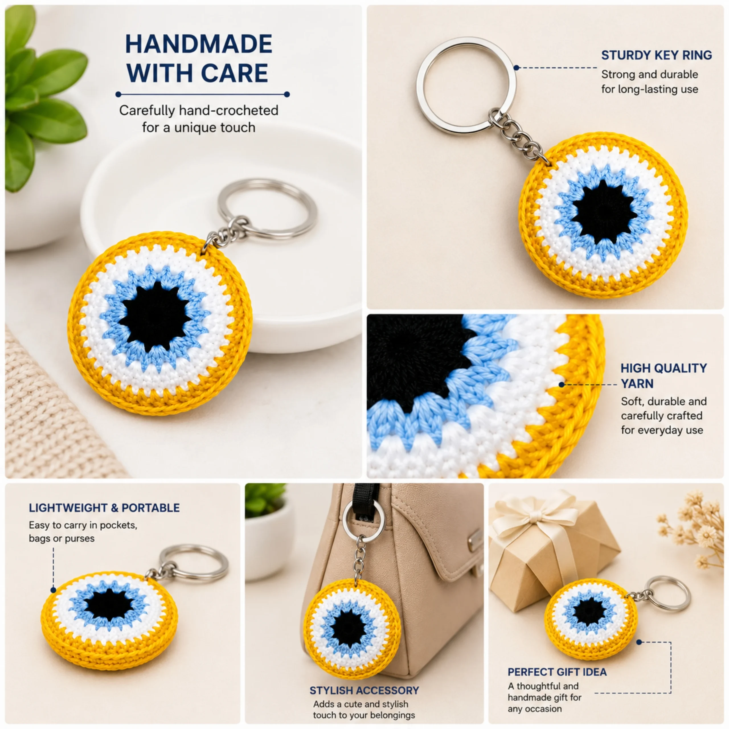 Evil eye crochet keychain collage showing handmade design features and everyday use