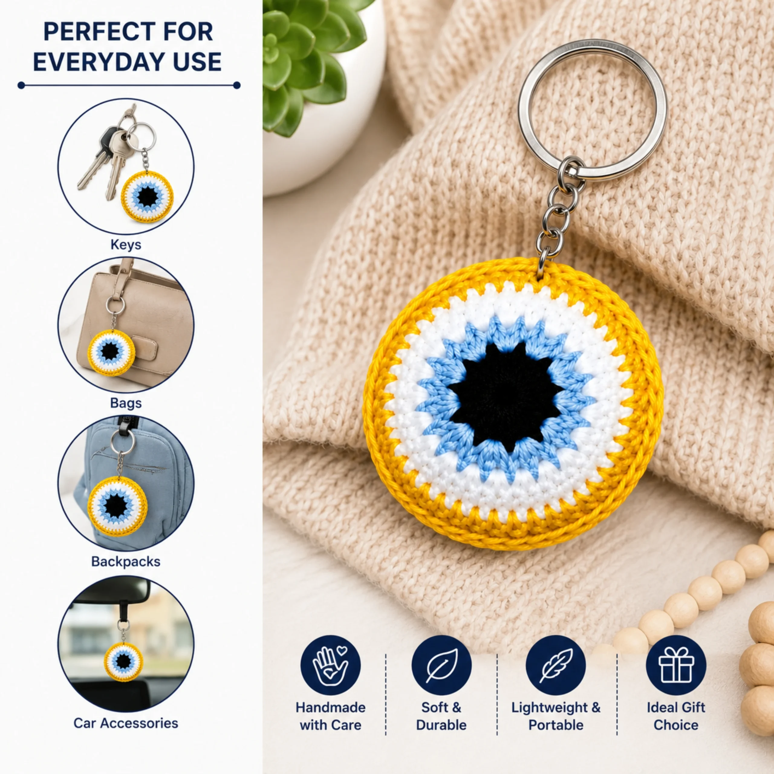 Handmade evil eye crochet keychain for keys bags backpacks and car accessories