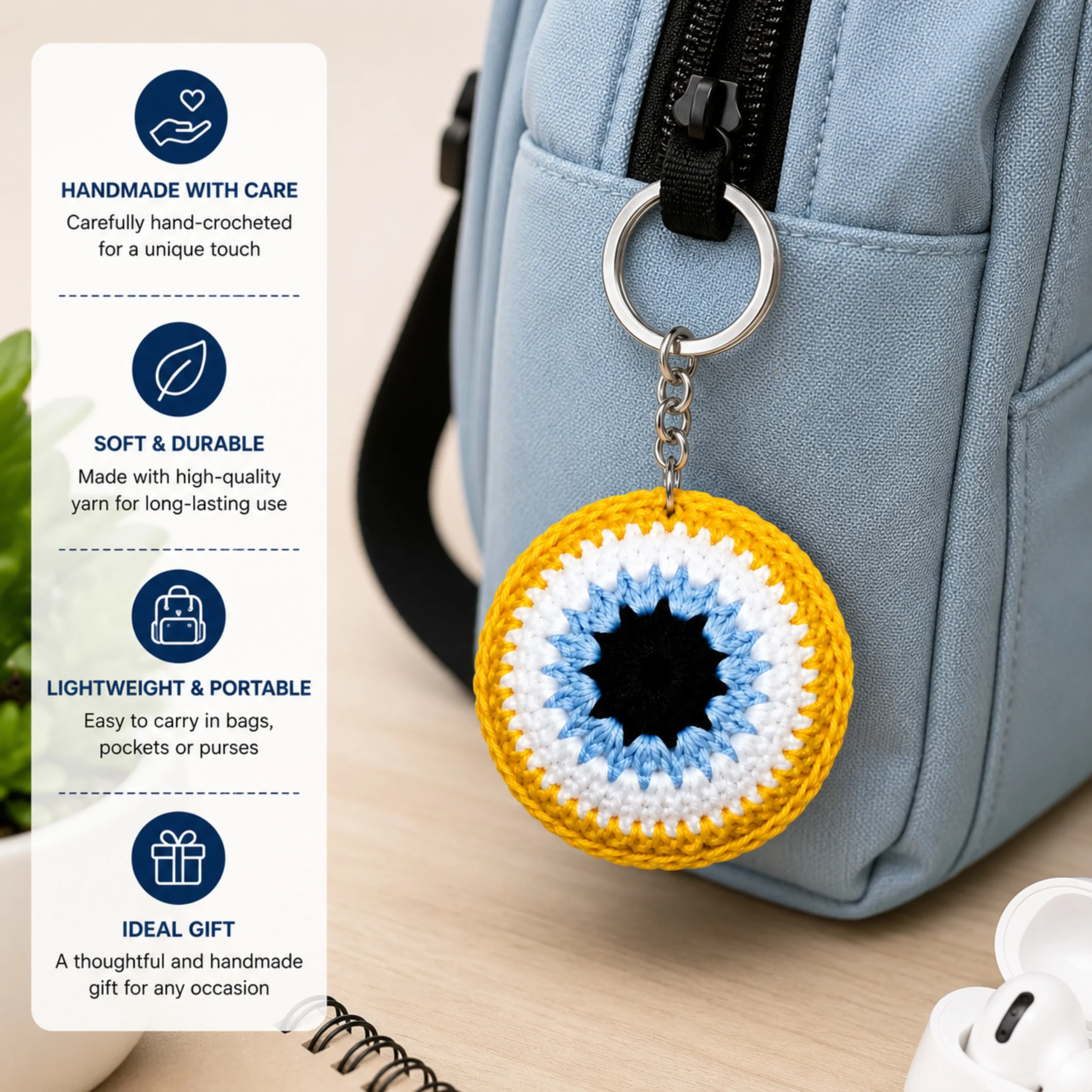 Handmade evil eye crochet keychain hanging on backpack as stylish nazar bag charm