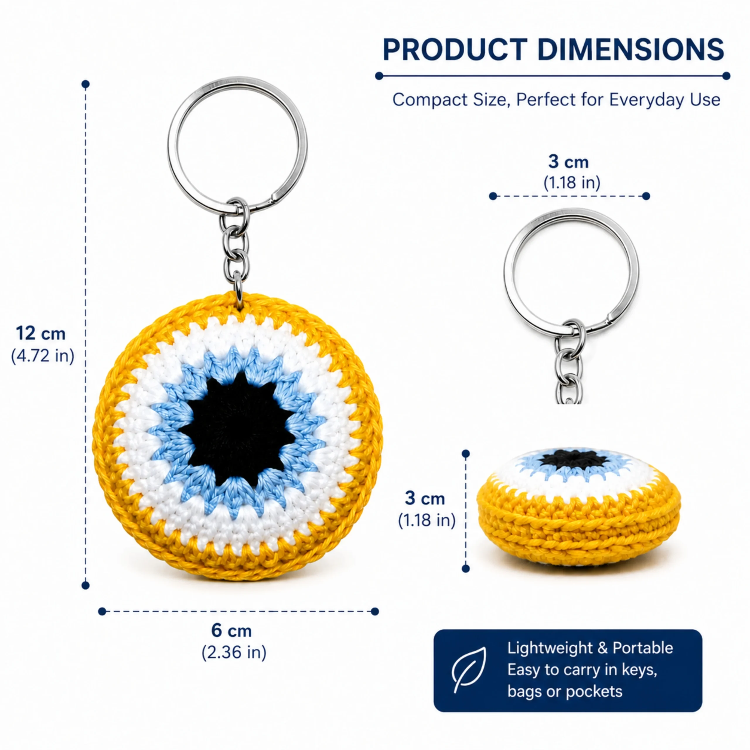 Evil eye crochet keychain size chart showing 6 cm width and 12 cm total length