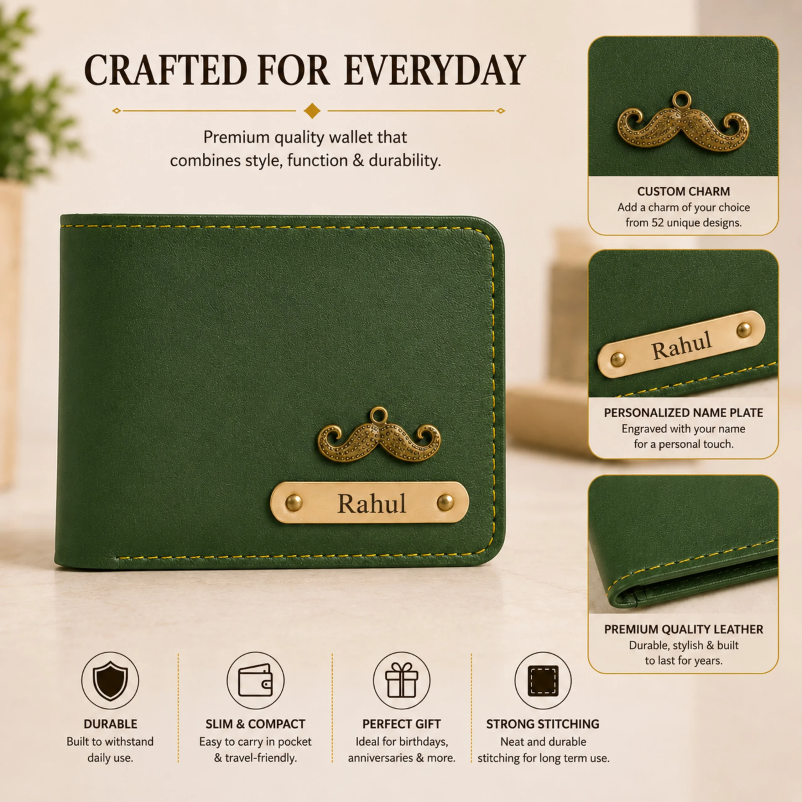 Green personalized leather wallet with engraved Rahul name plate and custom moustache charm feature highlights