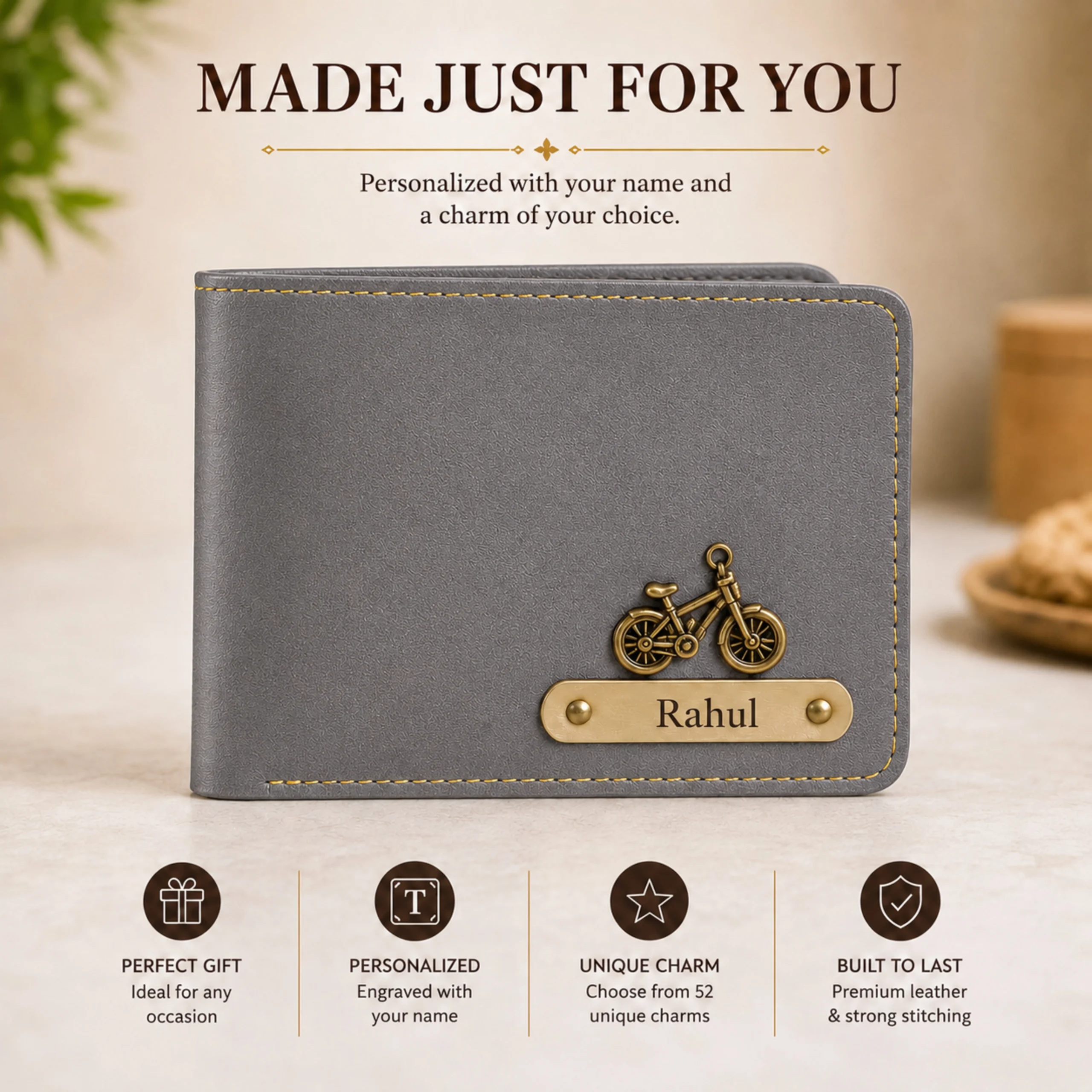 Grey personalized leather wallet with bicycle charm and custom Rahul name plate