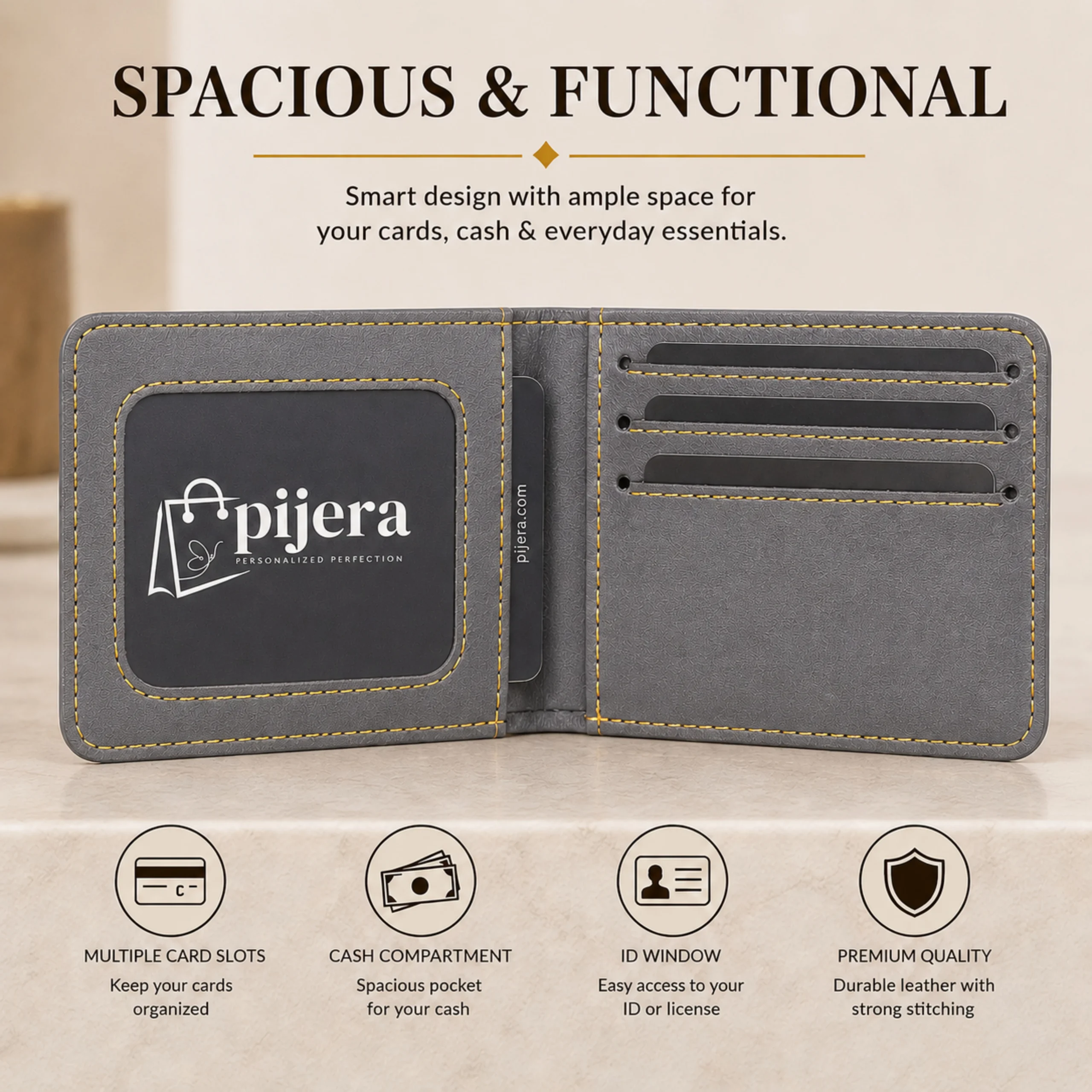 Grey personalized wallet for daily use with custom name plate and motorcycle charm