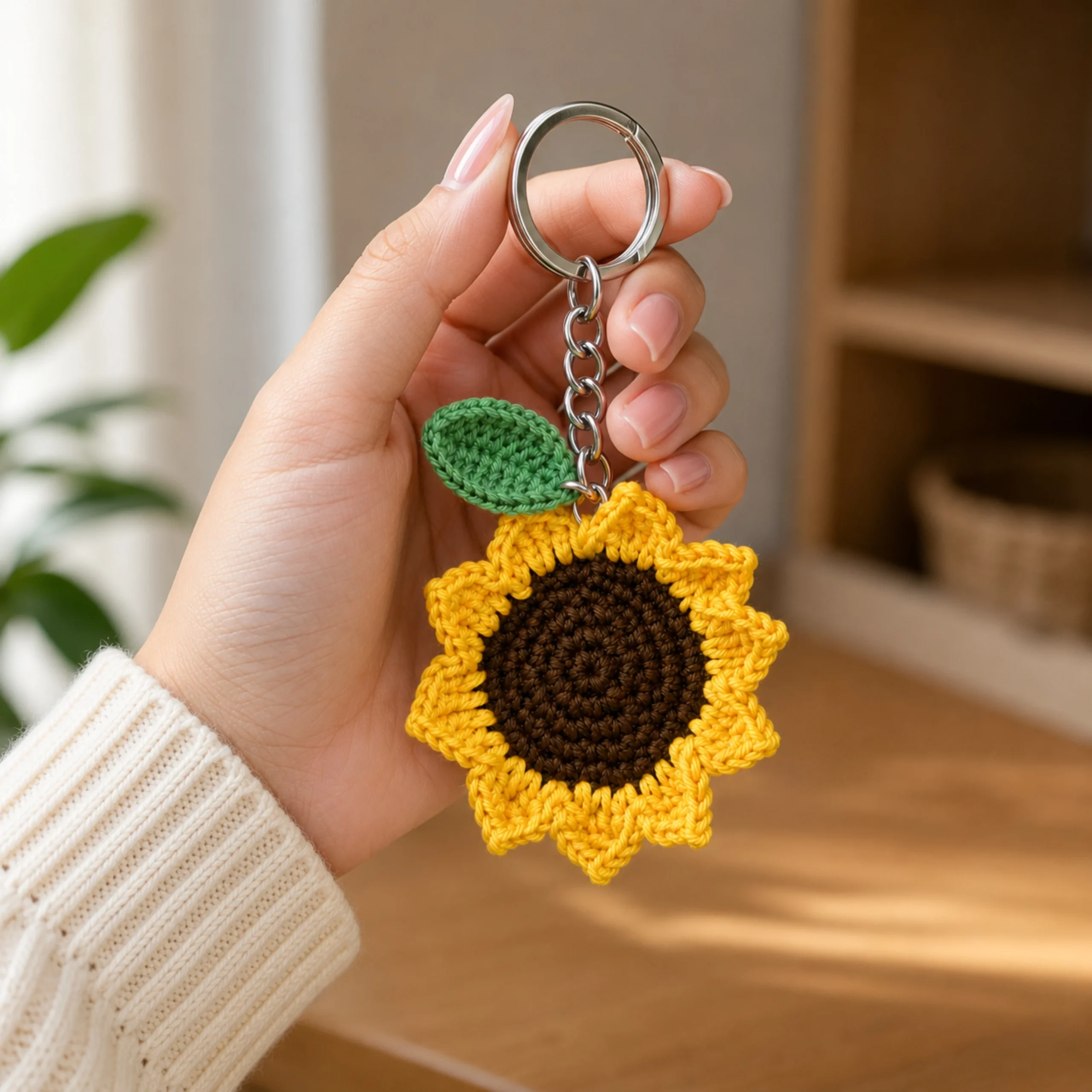 Handmade sunflower crochet keychain with yellow flower petals and green leaf held in hand
