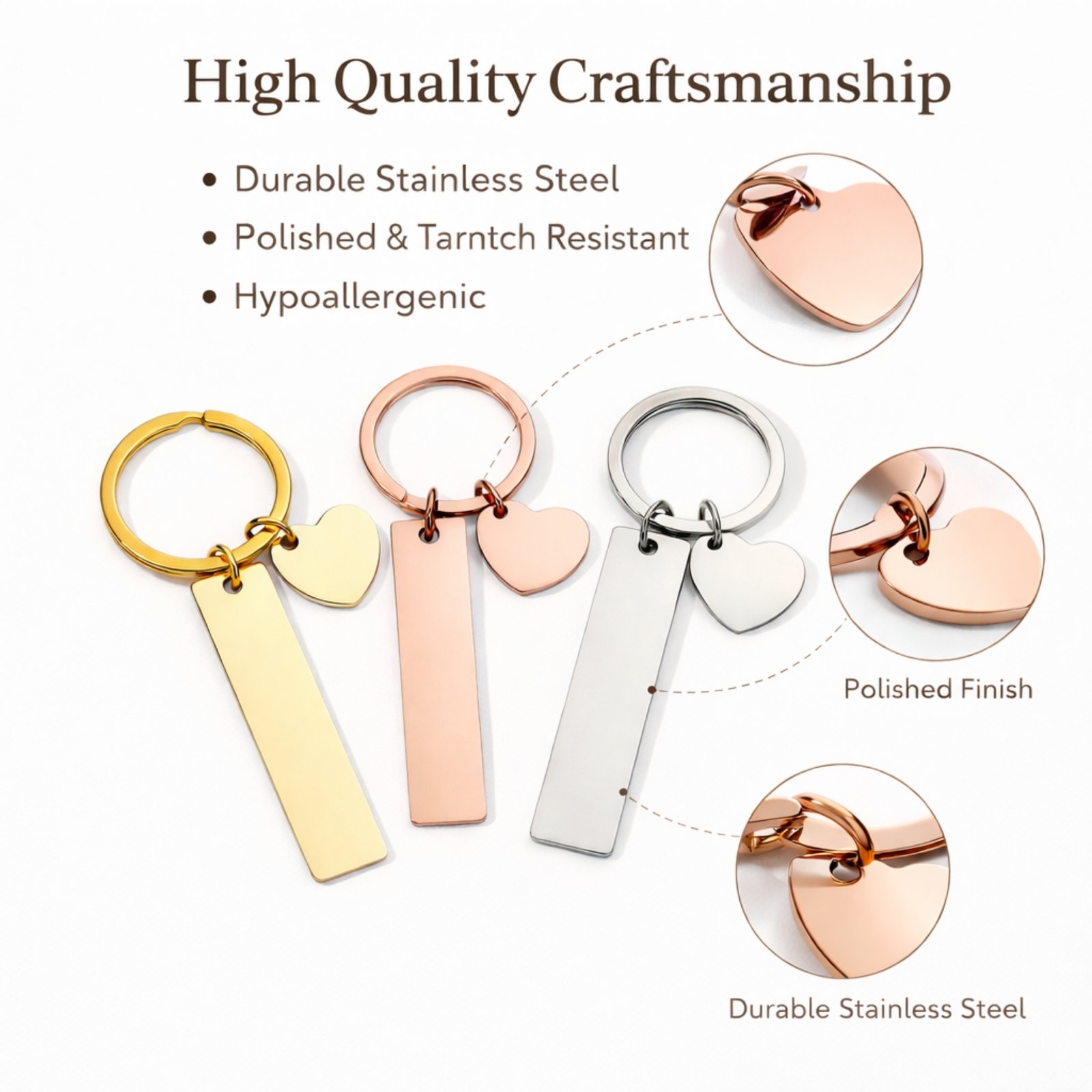 High quality stainless steel personalized name keychain with polished finish durable metal and heart charm