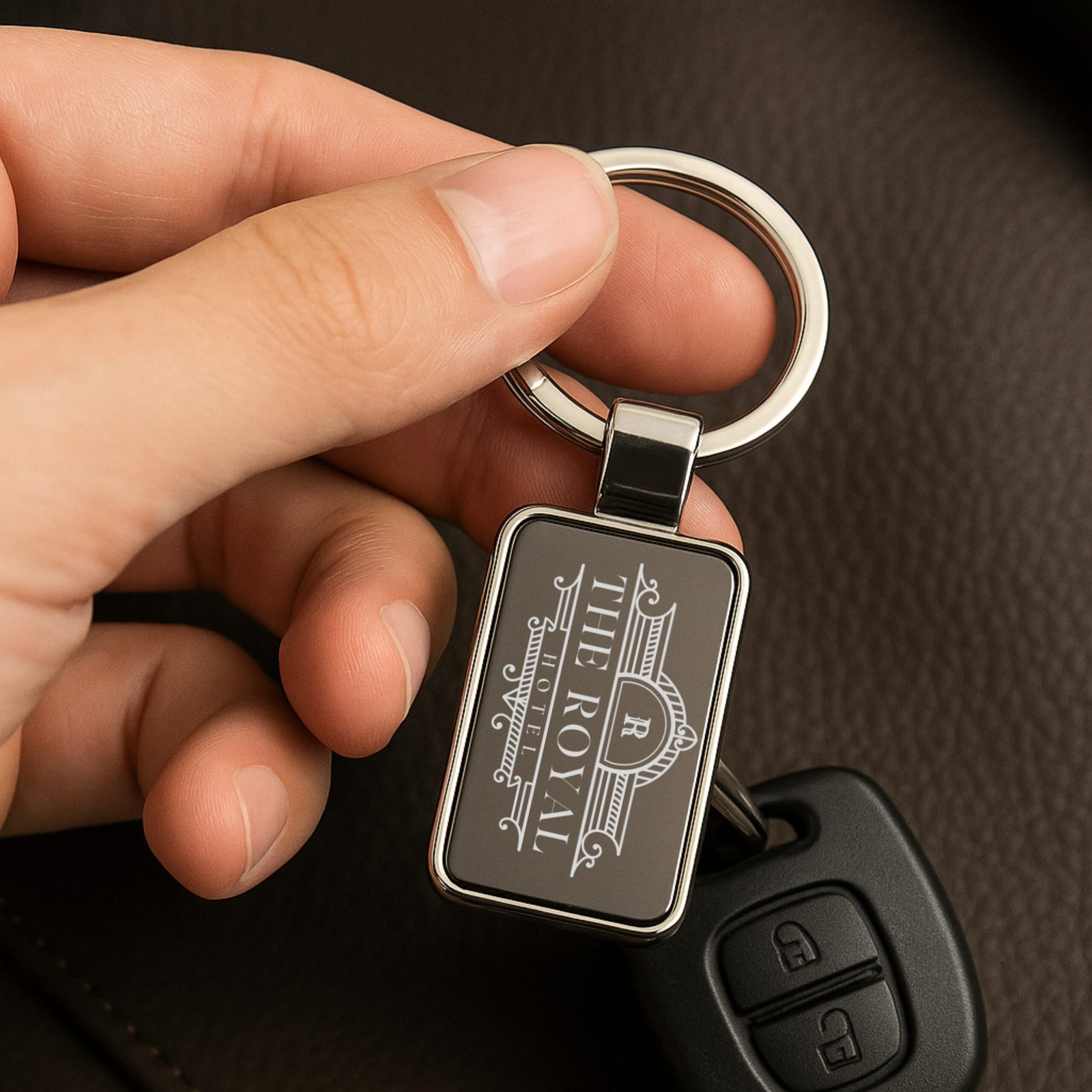 Premium hotel room metal keychain with custom engraved hotel logo and stainless steel finish