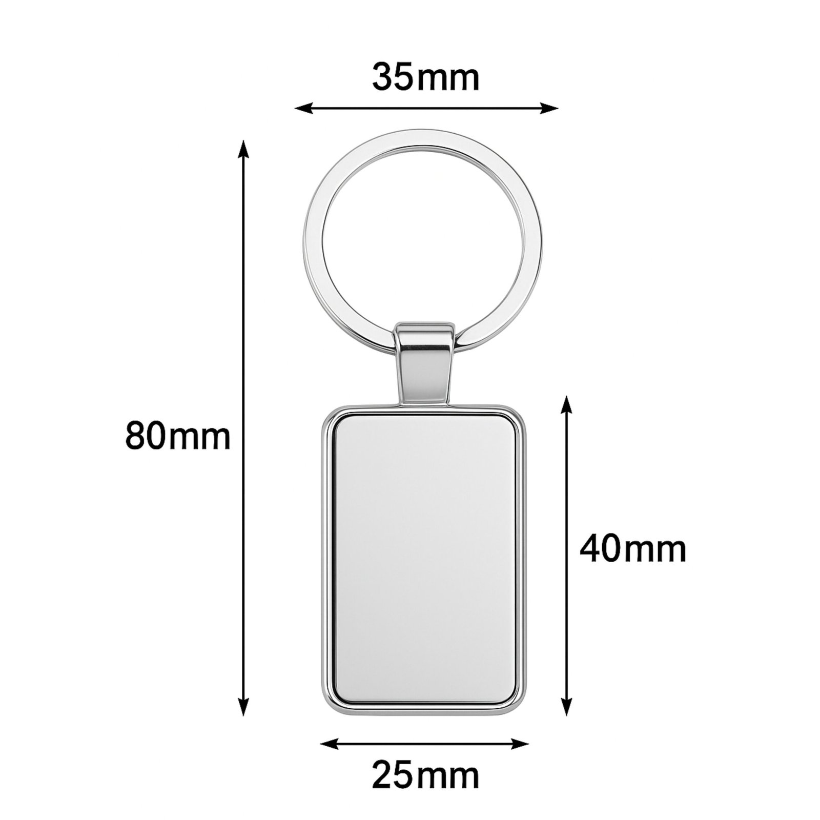 Metal keychain size and dimensions guide showing 80mm height, 35mm ring diameter, and 25x40mm plate size
