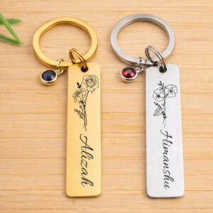 Personalized birth flower name keychain with birthstone charm custom engraved metal keyring in gold and silver