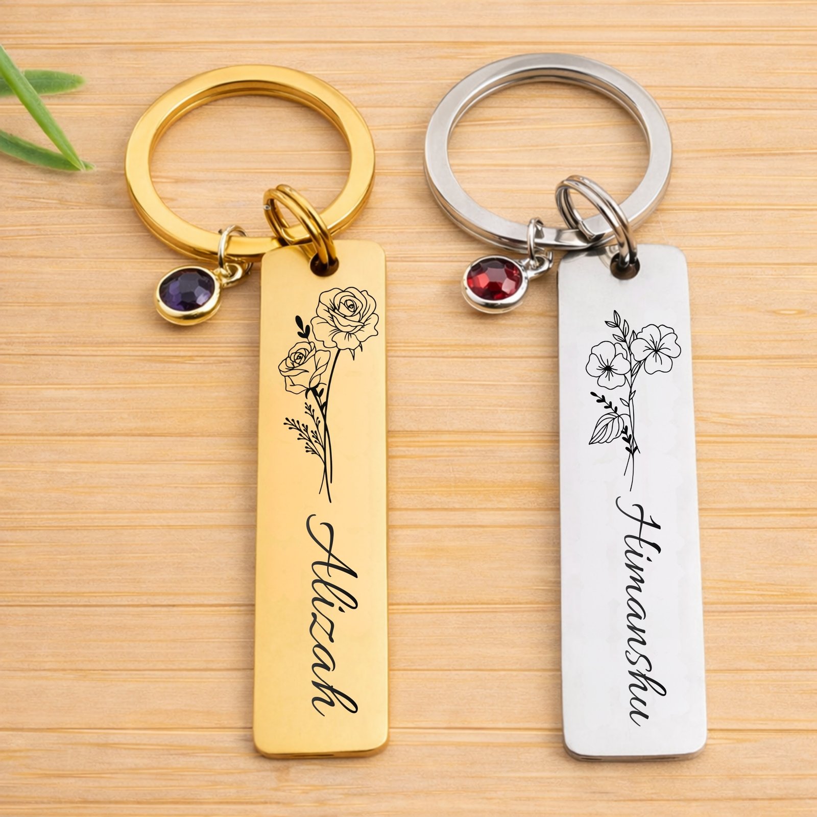 Personalized birth flower name keychain with birthstone charm custom engraved metal keyring in gold and silver