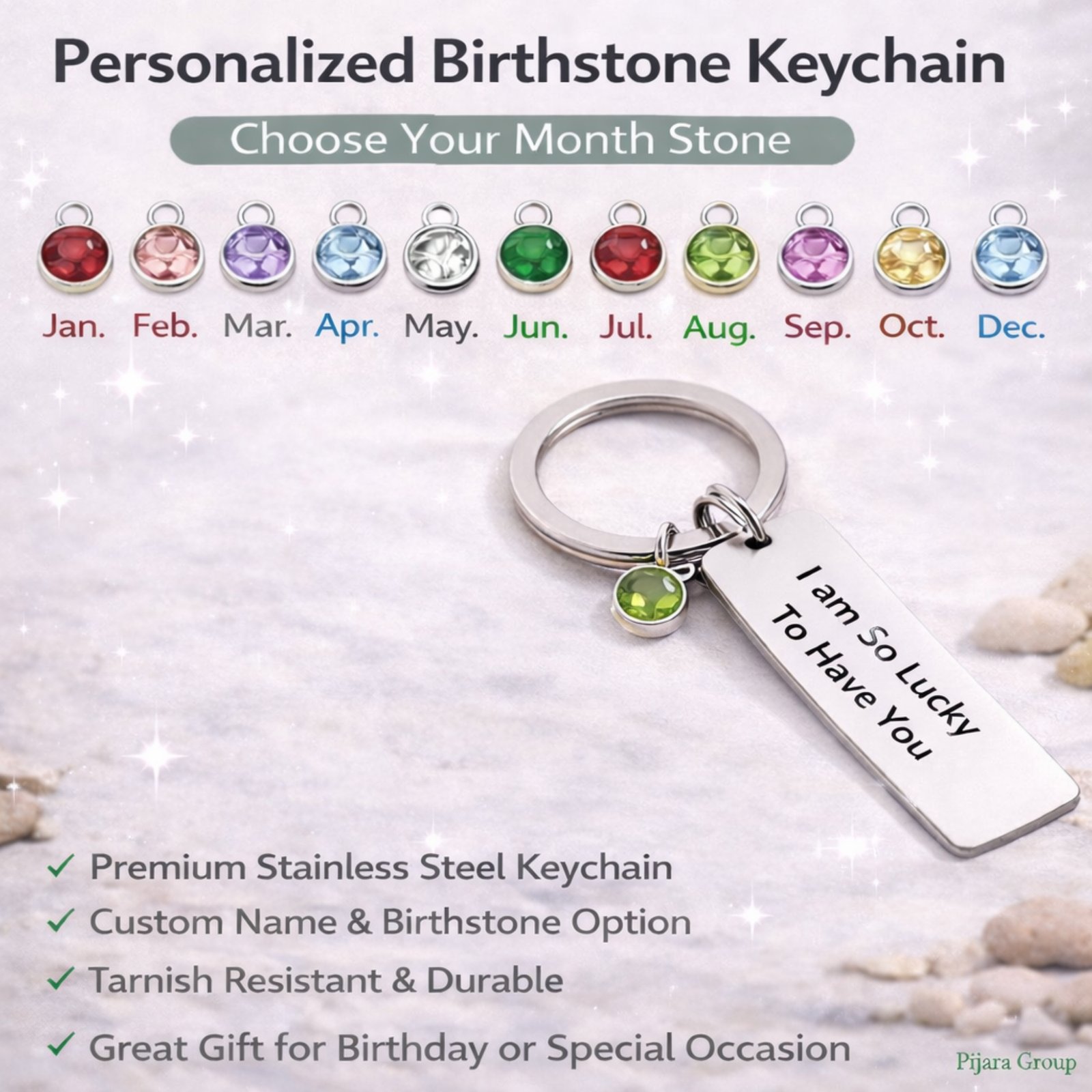 Personalized birthstone keychain with custom name engraving stainless steel features and month stone selection