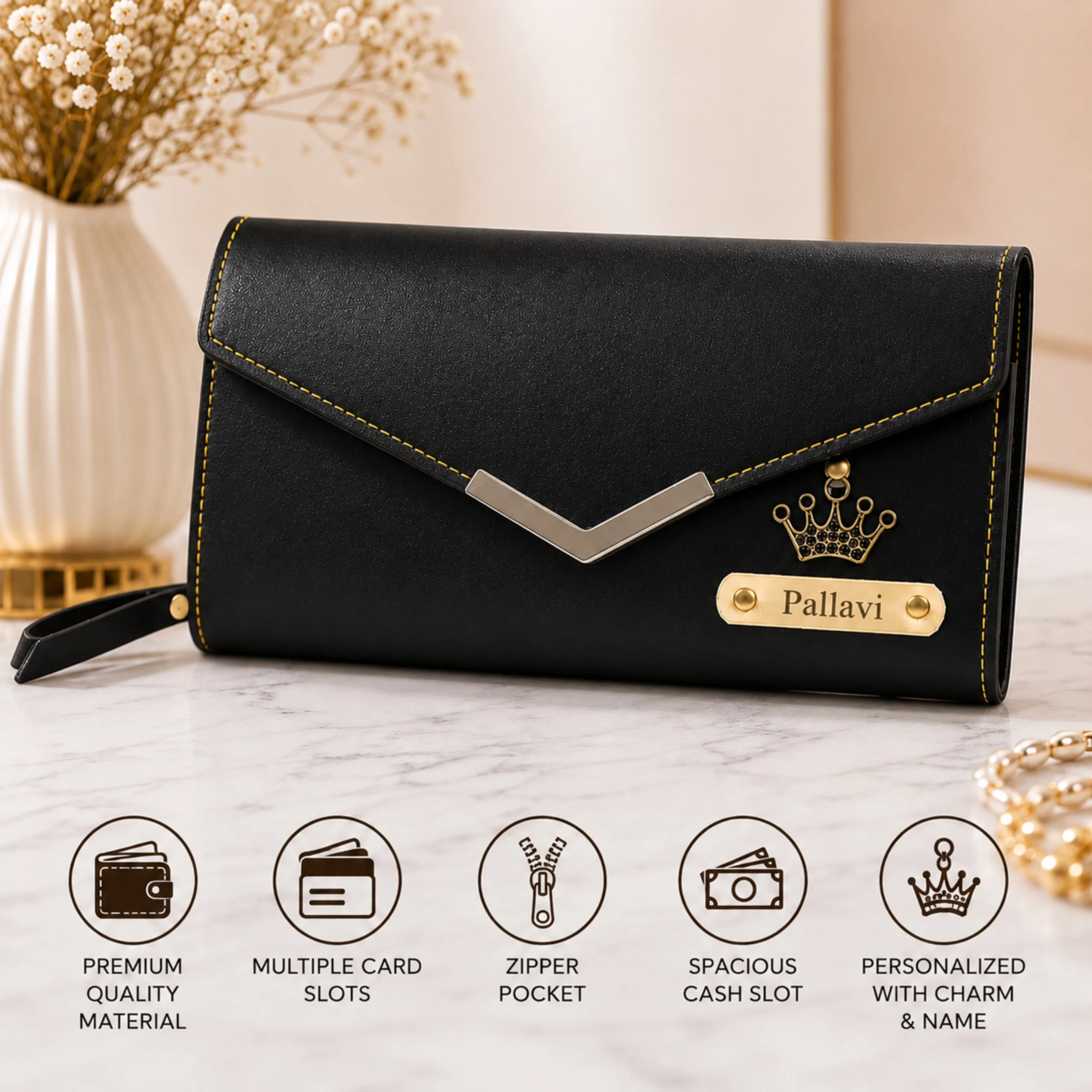Customized black women’s clutch wallet with engraved name plate, crown charm and multiple storage compartments