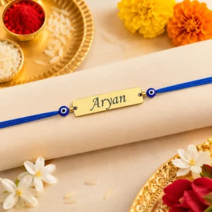 Personalized Blue Evil Eye Rakhi with custom engraved gold name plate for brother