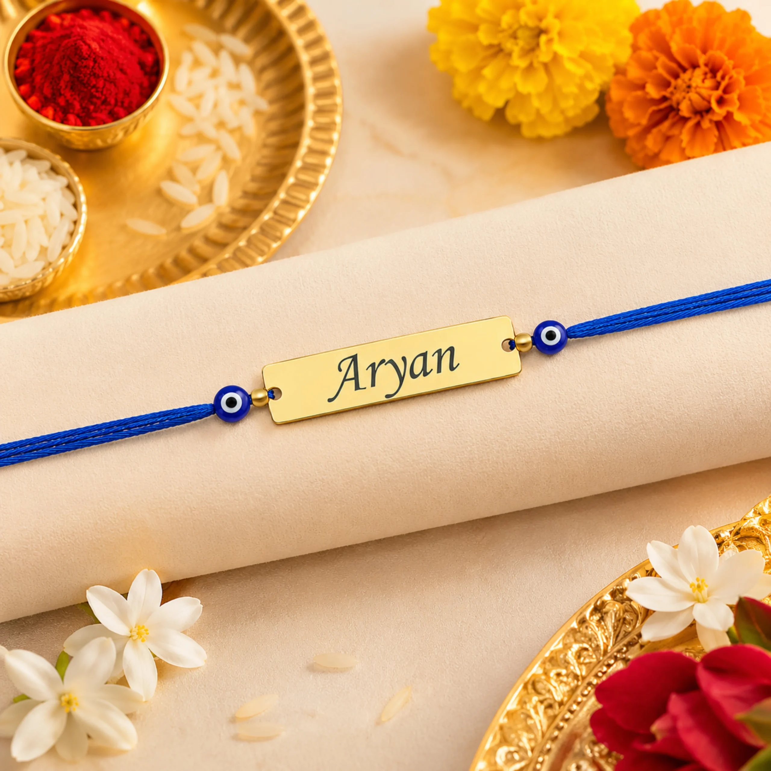 Personalized Blue Evil Eye Rakhi with custom engraved gold name plate for brother