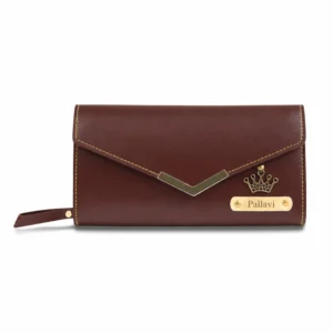 Brown personalized leather womenβs clutch wallet with custom engraved name plate and crown charm