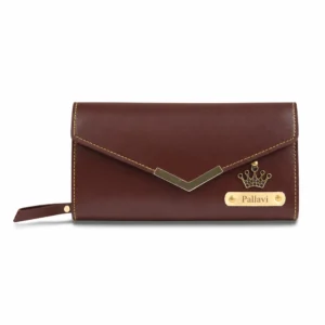 Brown personalized leather womenβs clutch wallet with custom engraved name plate and crown charm