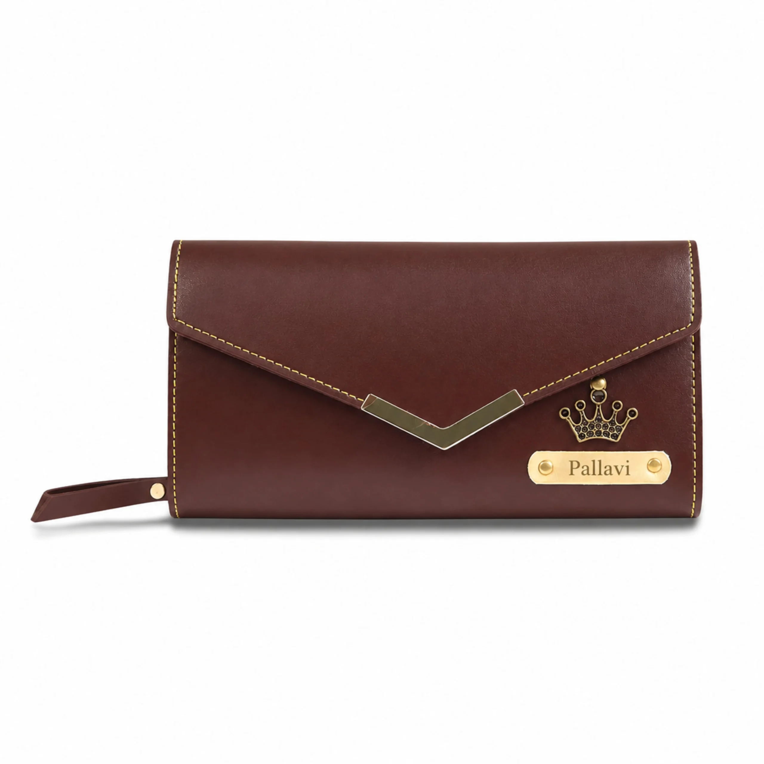 Brown personalized leather women’s clutch wallet with custom engraved name plate and crown charm