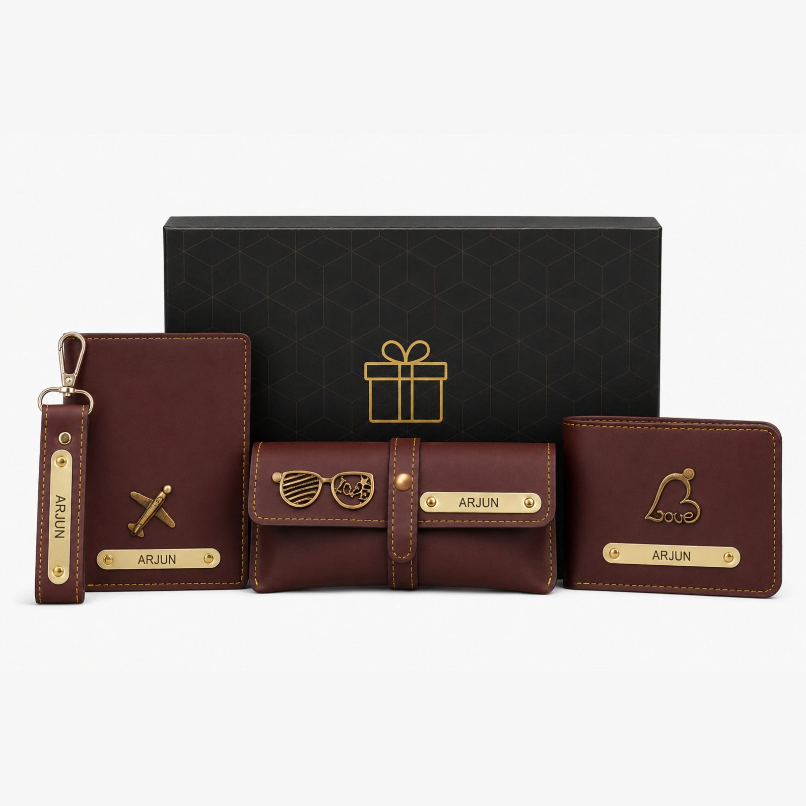 Personalized brown travel gift combo for men with wallet passport cover organizer and luggage tag