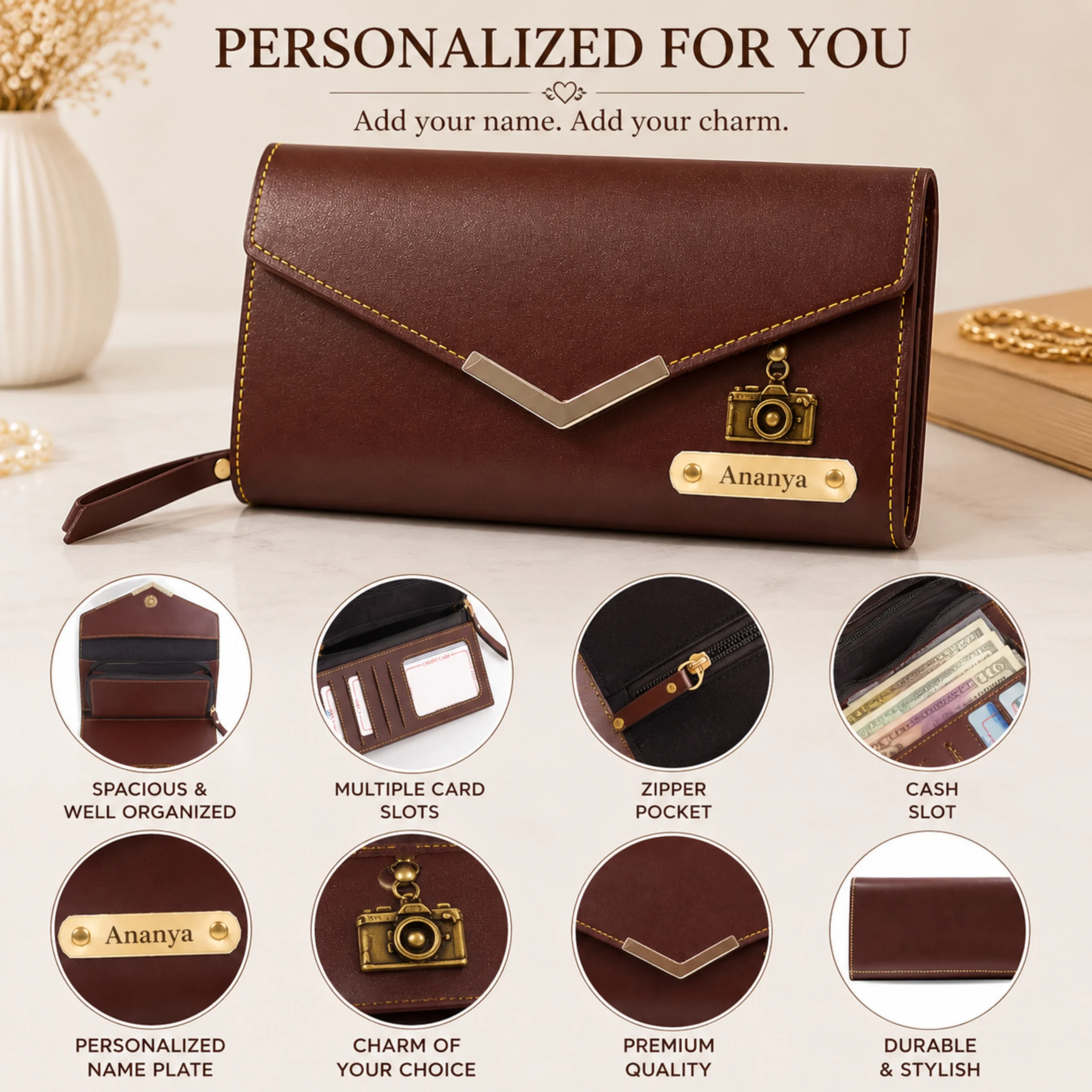Customized brown women’s clutch wallet with engraved name plate, camera charm and multiple storage compartments