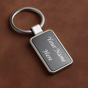 Personalized double-sided metal keychain with custom name engraving in premium stainless steel finish