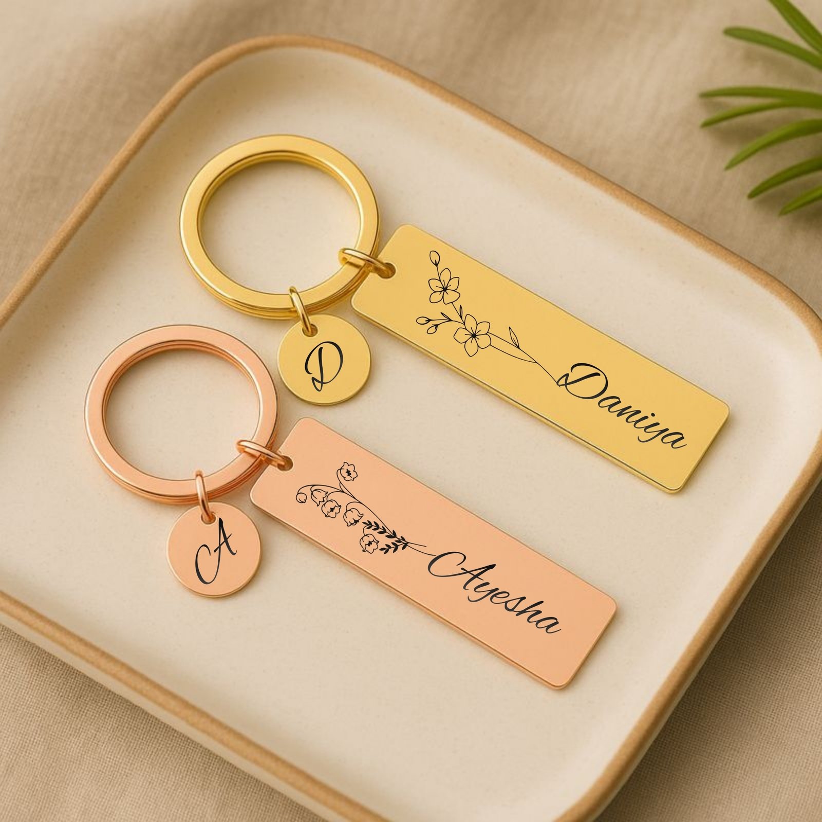 personalized name keychain couple gift engraved stainless steel gold rose gold floral custom keychain set