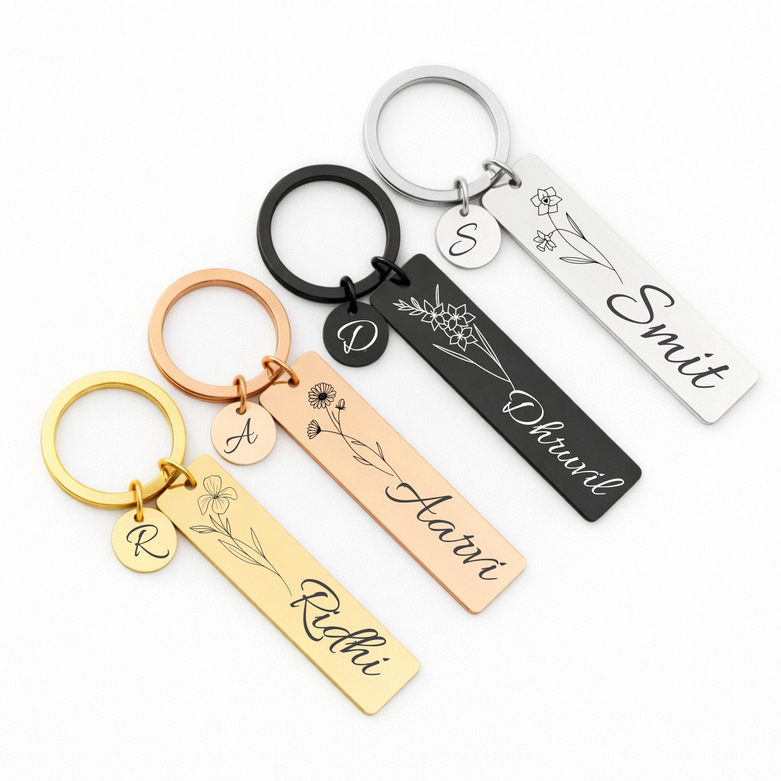 personalized birth flower name keychain stainless steel engraved custom name keychain gift