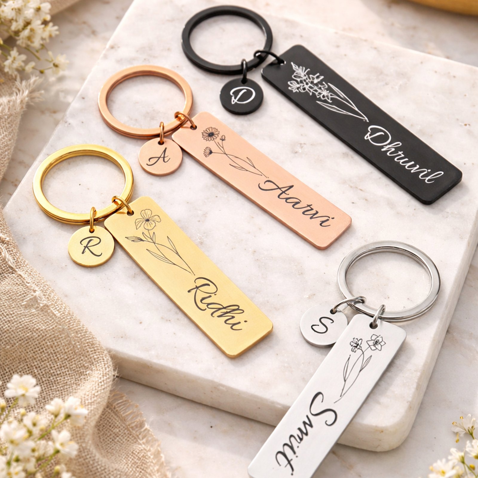 personalized birth flower name keychain engraved stainless steel custom name keychain gold rose gold black silver