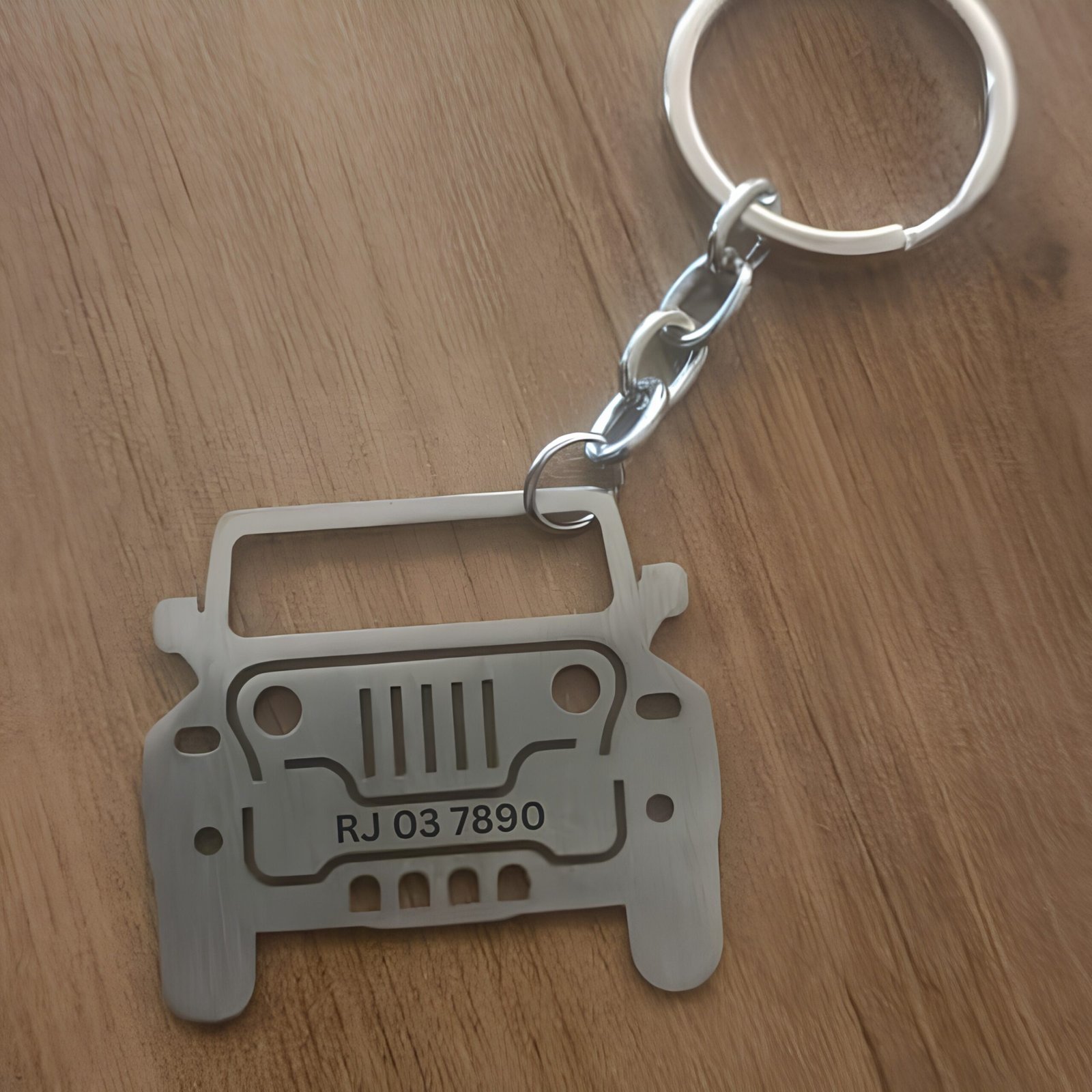 Personalized jeep car number keychain with custom vehicle number engraving in stainless steel