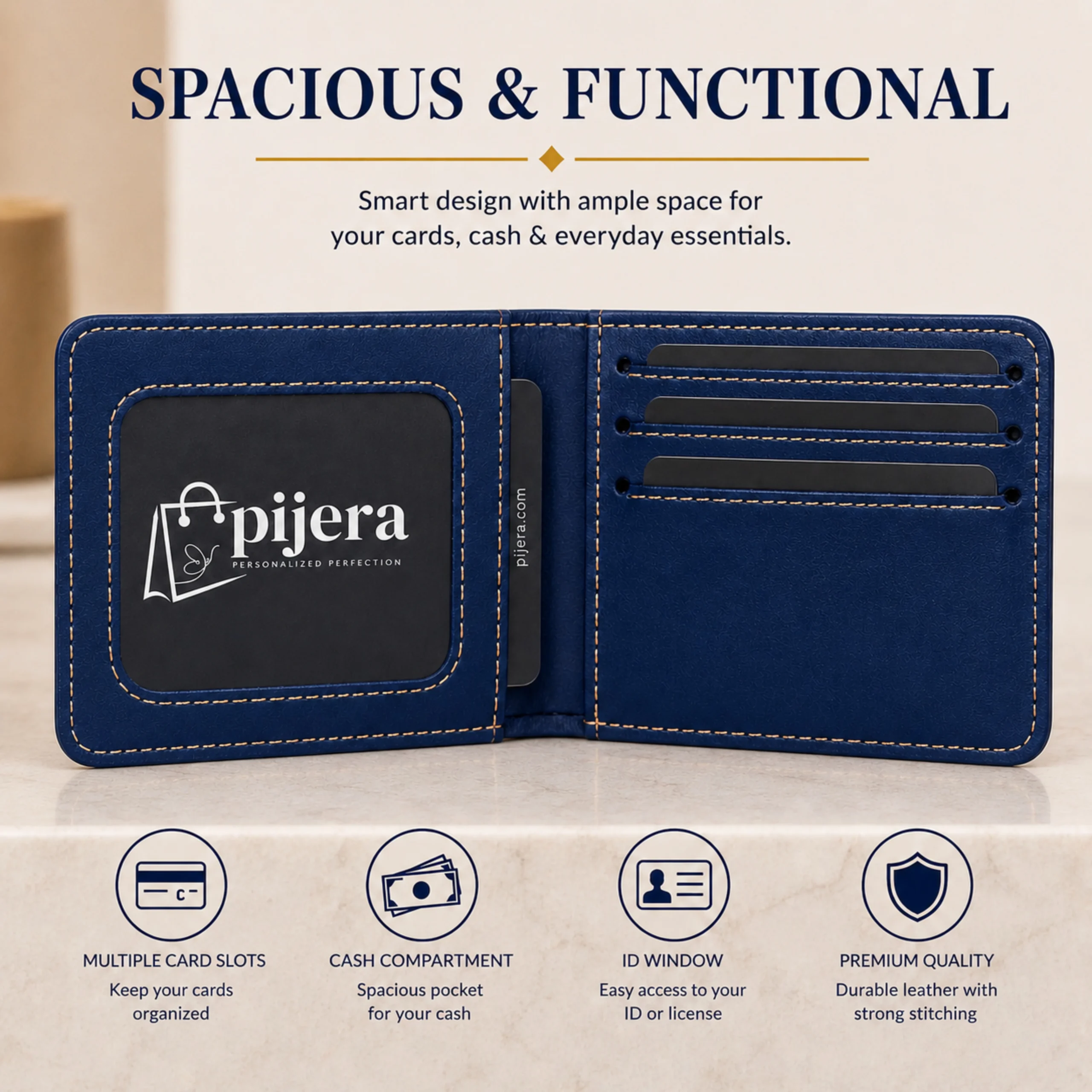 Blue personalized leather wallet for men with multiple card slots cash compartment and ID window interior view
