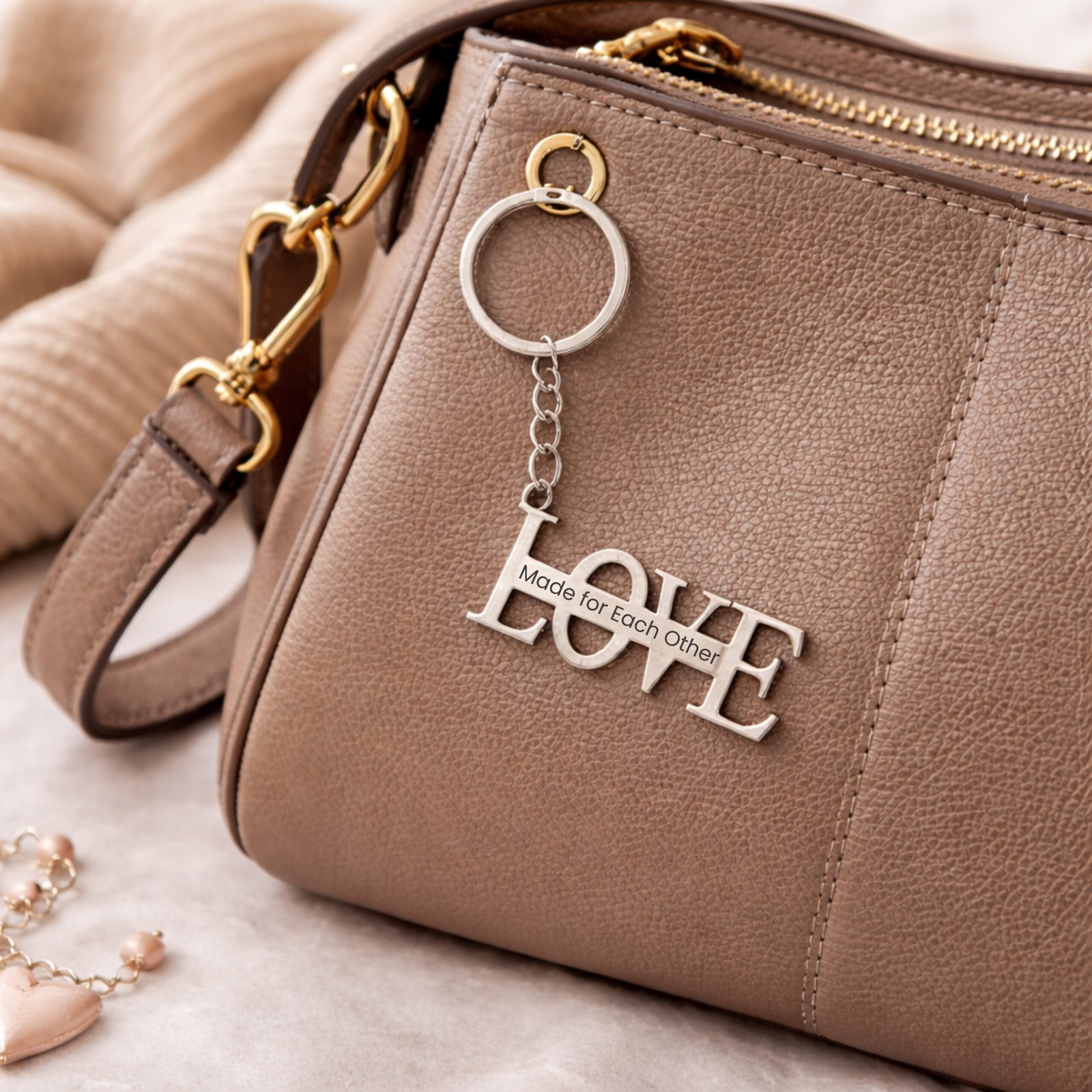 personalized love keychain hanging on handbag custom engraved couple gift for daily use