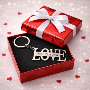 personalized love keychain with custom name engraving in gift box, romantic couple gift for anniversary and valentine