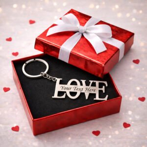 personalized love keychain with custom name engraving in gift box, romantic couple gift for anniversary and valentine