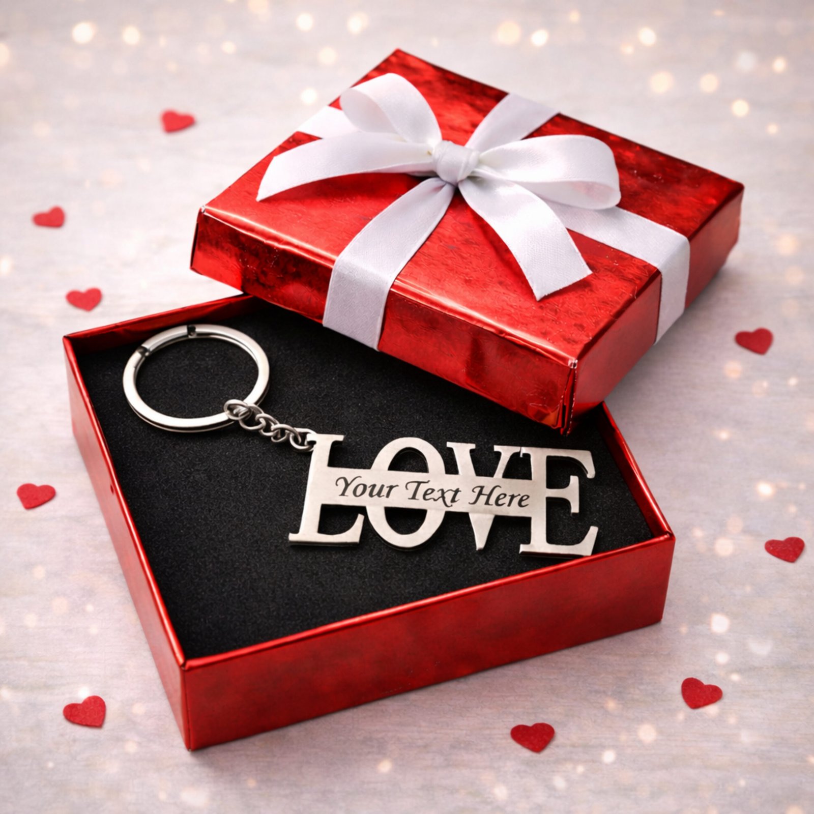 personalized love keychain with custom name engraving in gift box, romantic couple gift for anniversary and valentine