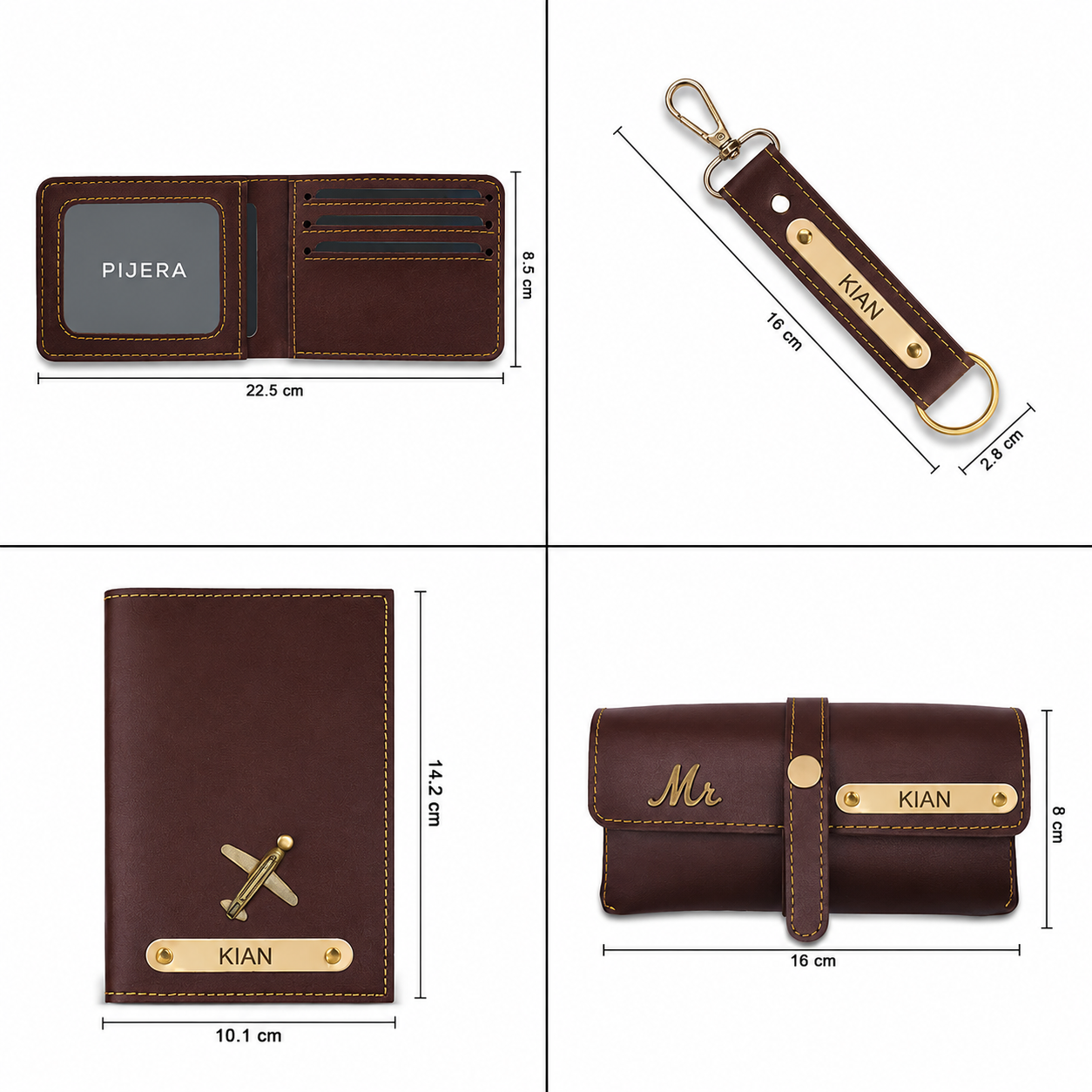 Personalized mens travel combo size details with wallet passport cover organizer and keychain dimensions