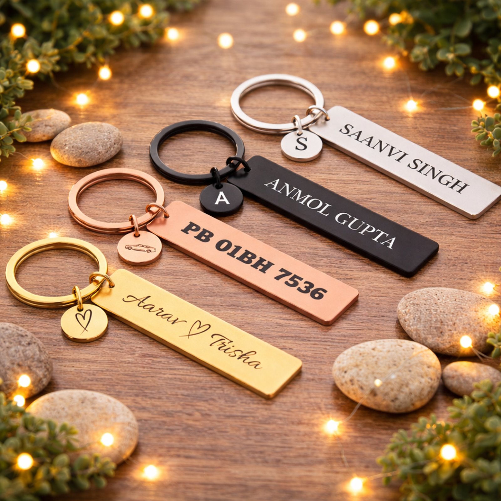personalized name keychain engraved stainless steel custom keychain gift gold rose gold black silver wooden background