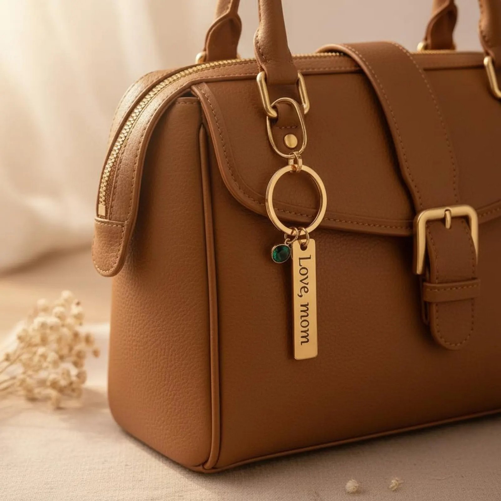 Personalized mom keychain with birthstone charm gold metal engraved keyring attached to brown handbag premium gift