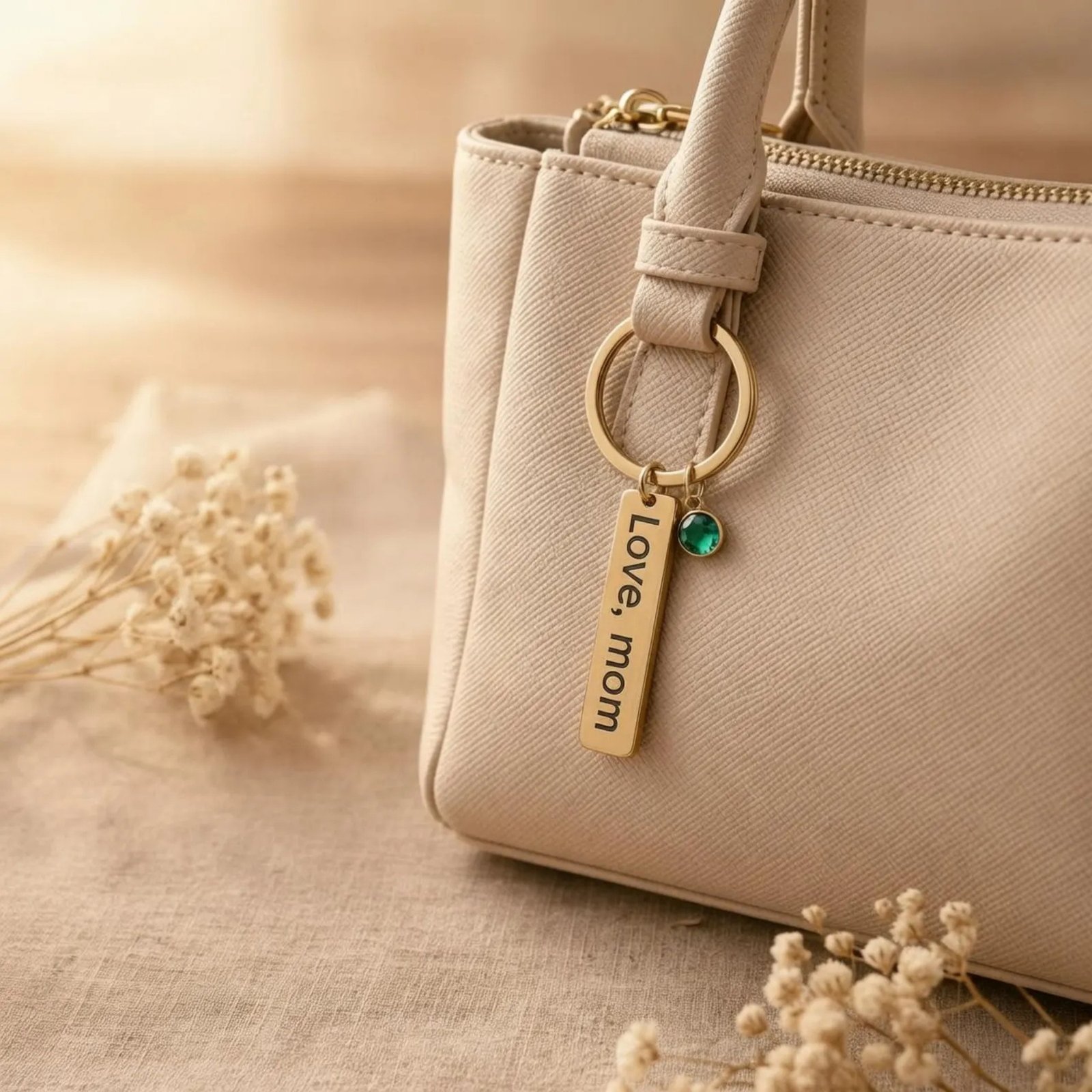 Personalized mom name keychain with birthstone charm attached to handbag gold metal custom engraved gift