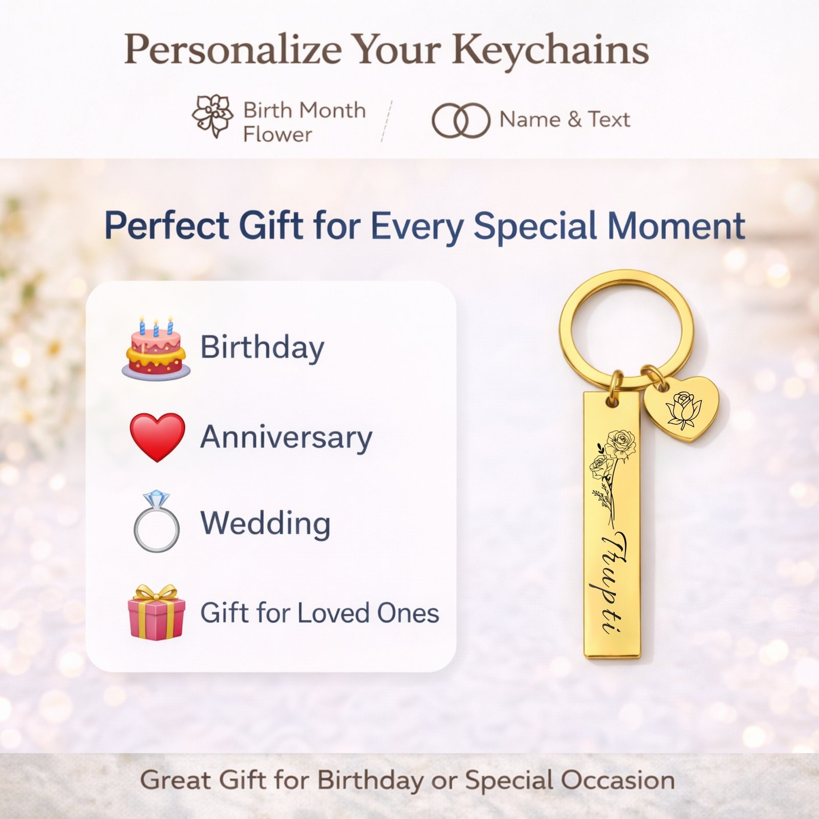 Personalized name keychain with birth flower engraving ideal gift for birthday anniversary wedding and special occasions