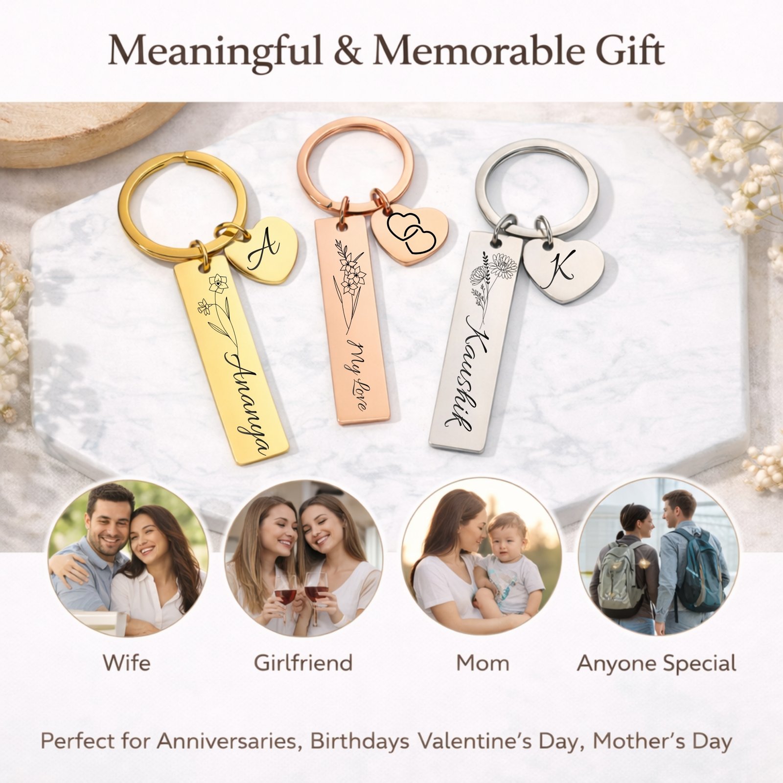 Personalized name engraved keychain gift for wife girlfriend mom with custom metal design for special occasions