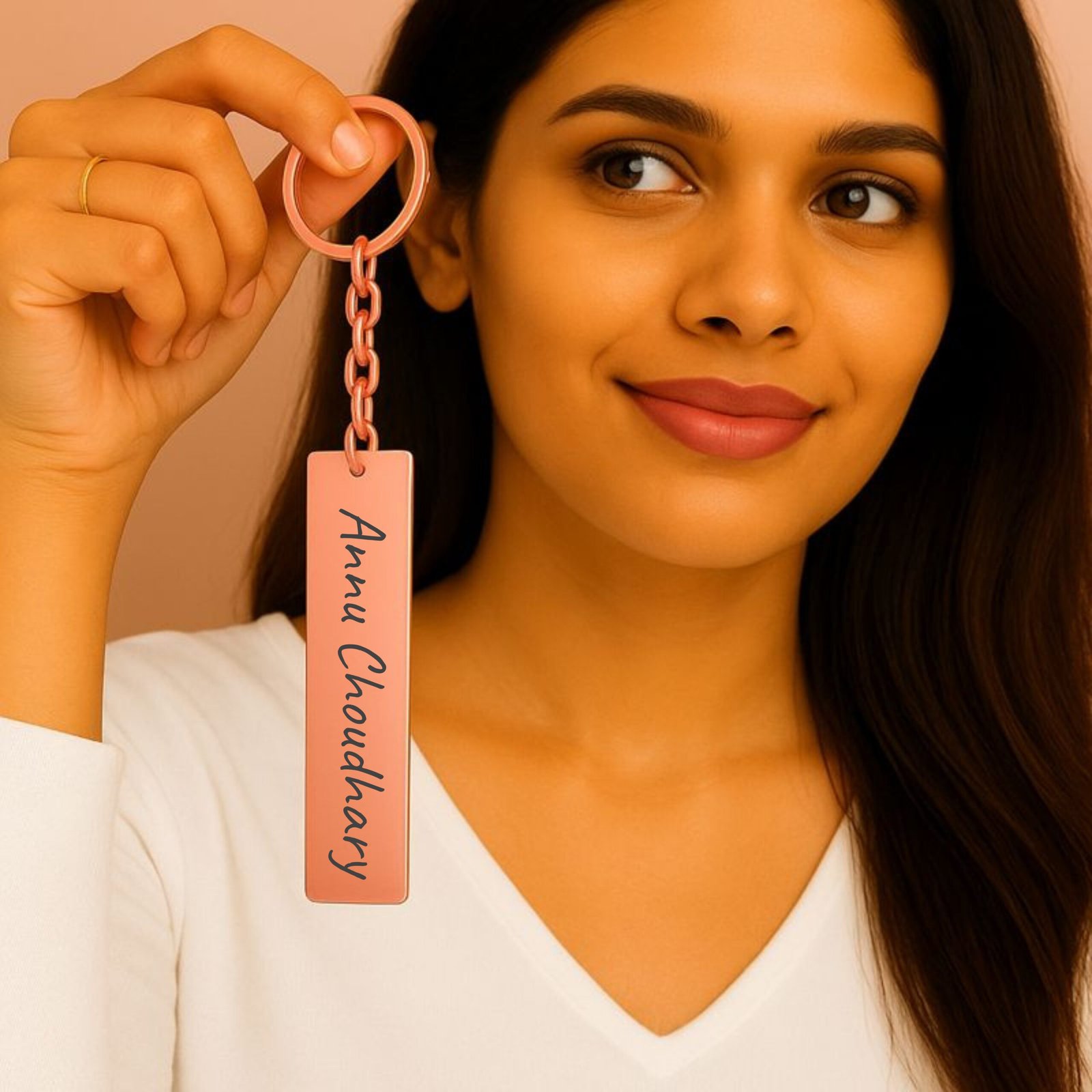 Woman holding personalized name keychain rose gold custom engraved stainless steel keychain