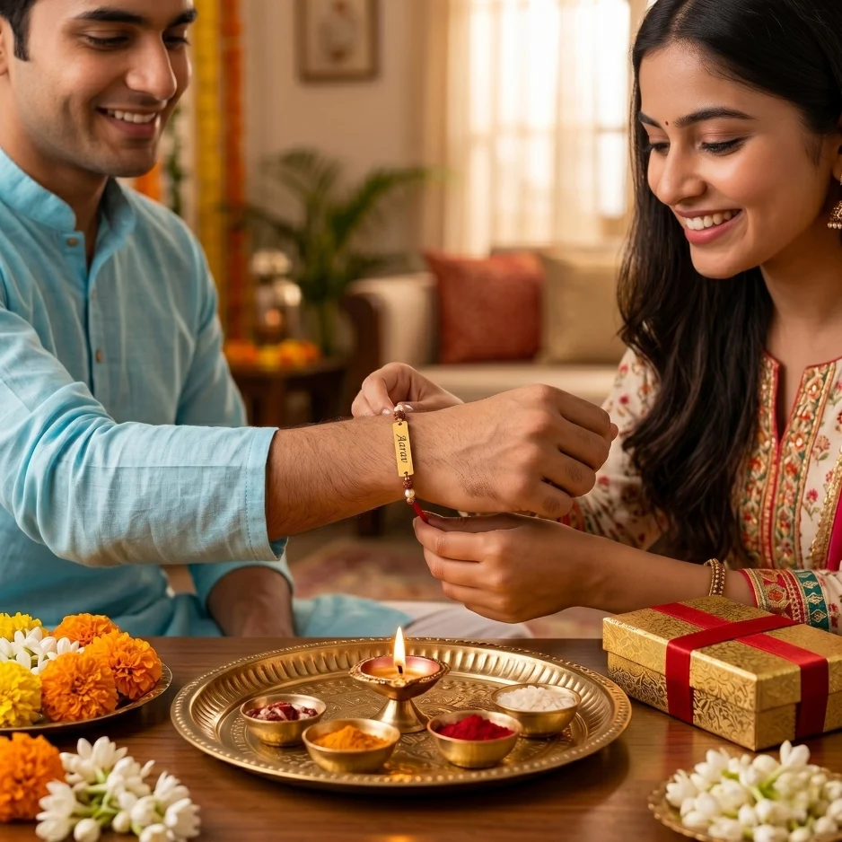 Sister tying personalized engraved rakhi to brother during Raksha Bandhan celebration at home