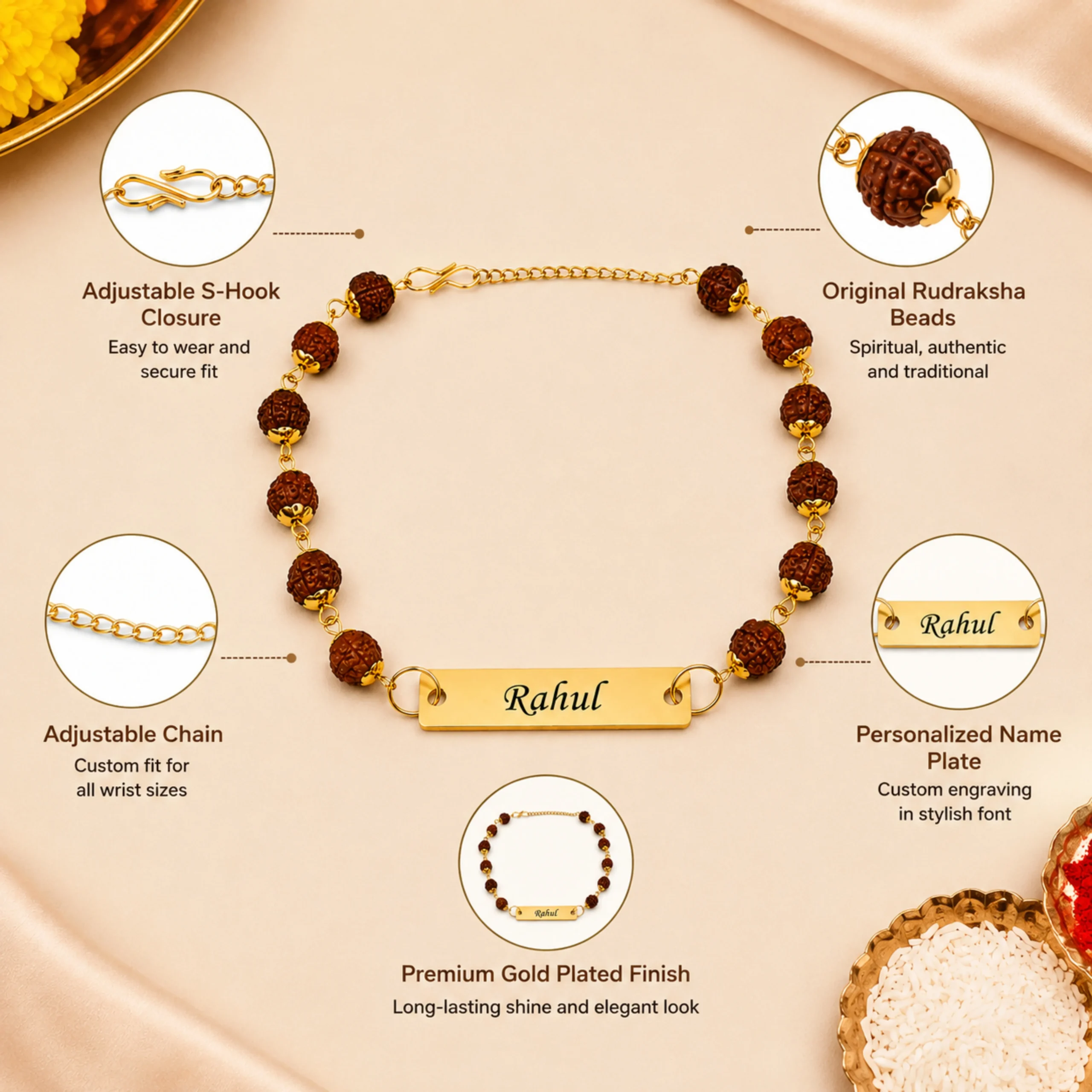 Personalized Rudraksha bracelet features adjustable chain custom name plate and gold plated finish