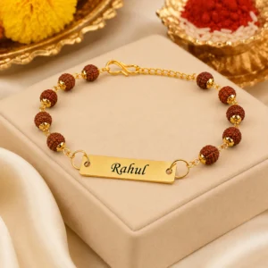 Personalized Rudraksha name bracelet with gold plated custom engraved name plate