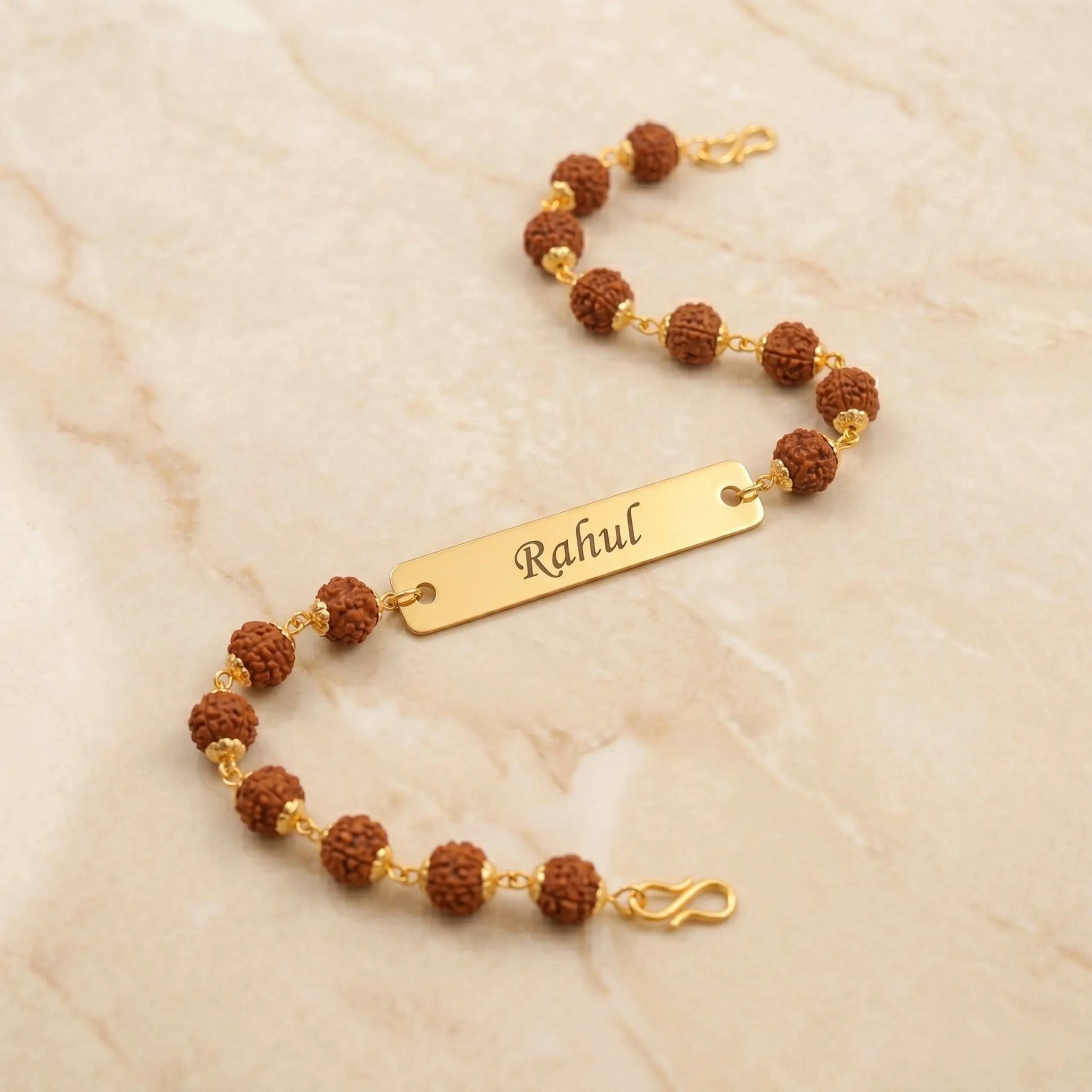 Personalized Rudraksha name bracelet with gold plated engraved bar for brother