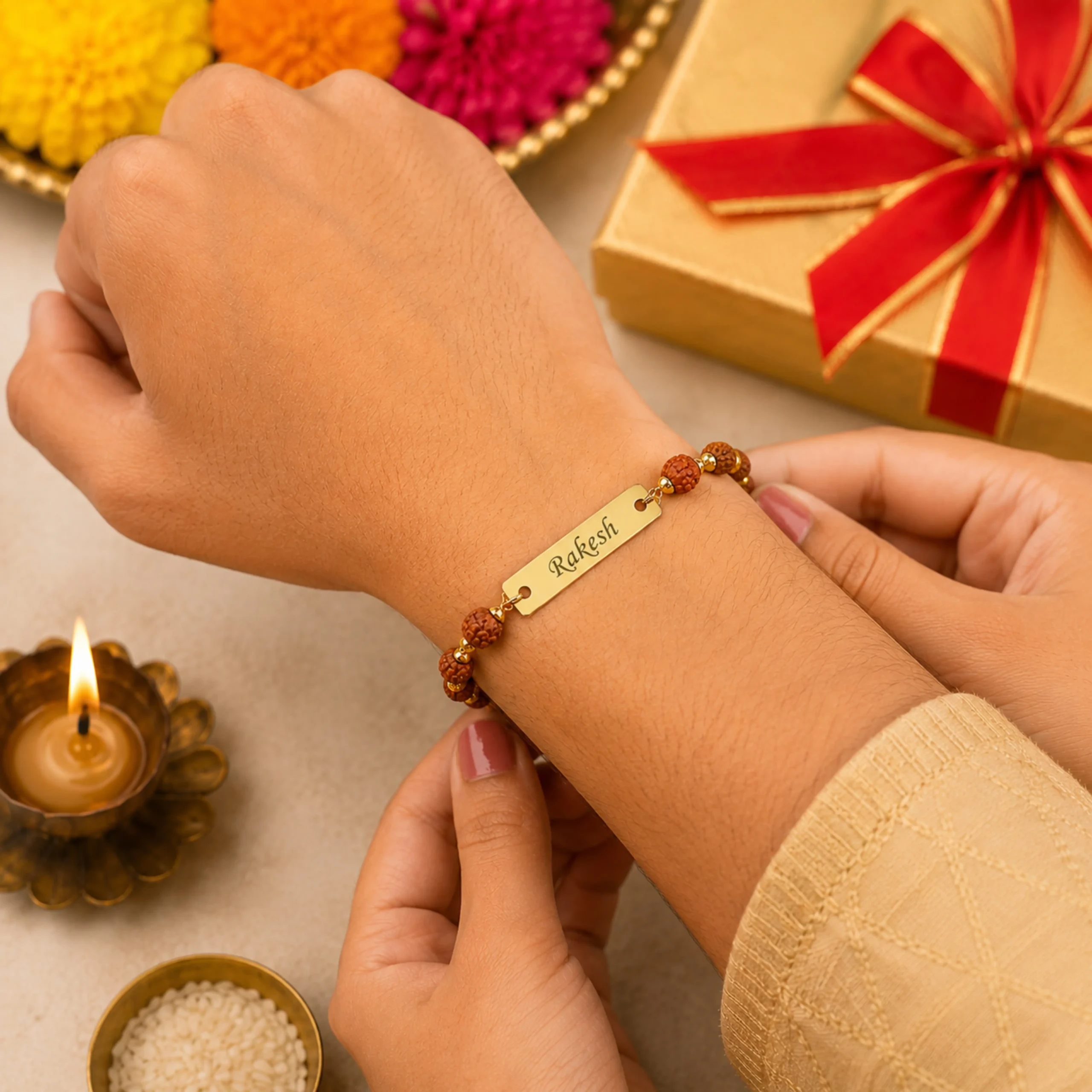 Personalized Rudraksha rakhi bracelet being tied on brother wrist during Raksha Bandhan