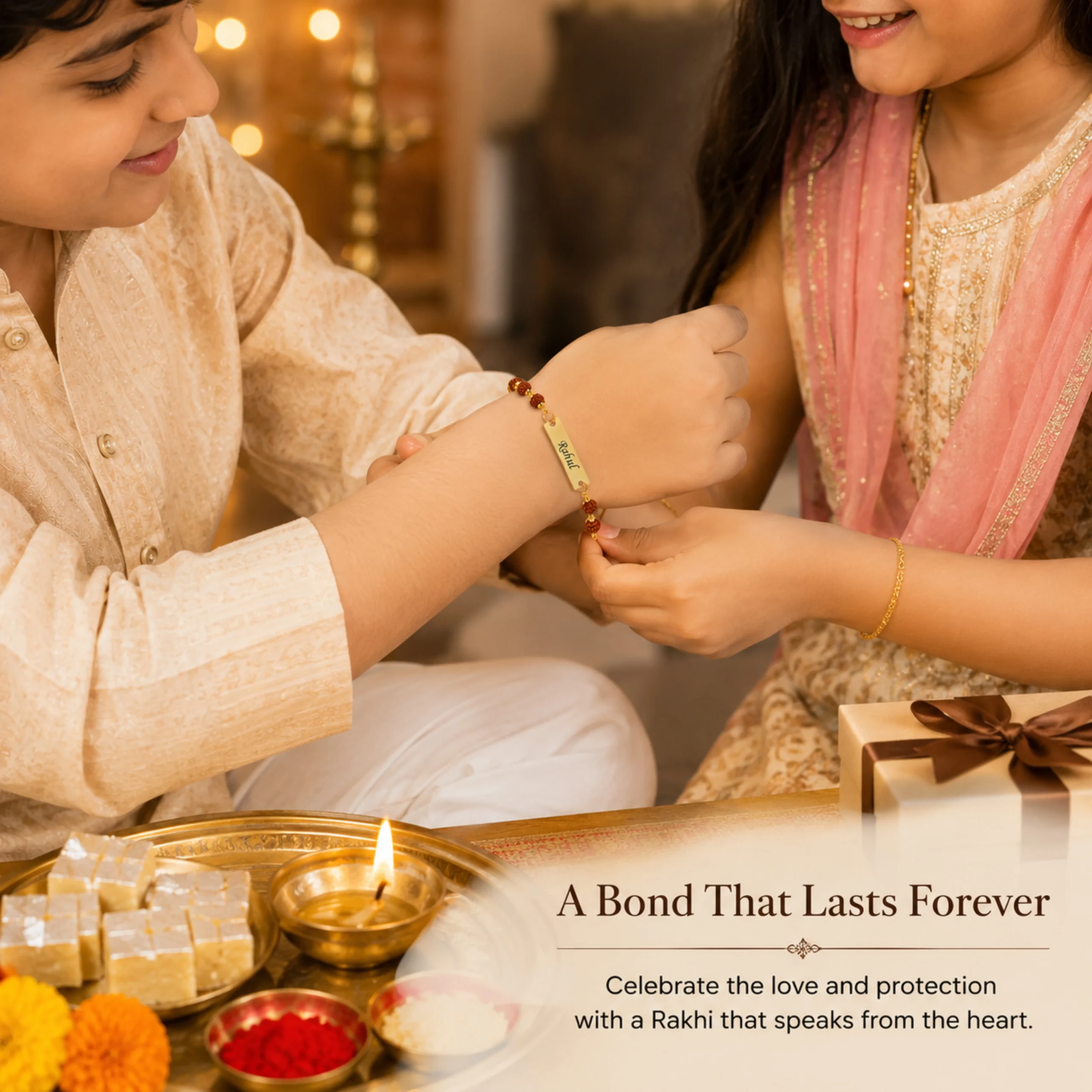 Sister tying personalized Rudraksha rakhi bracelet on brother wrist during Raksha Bandhan