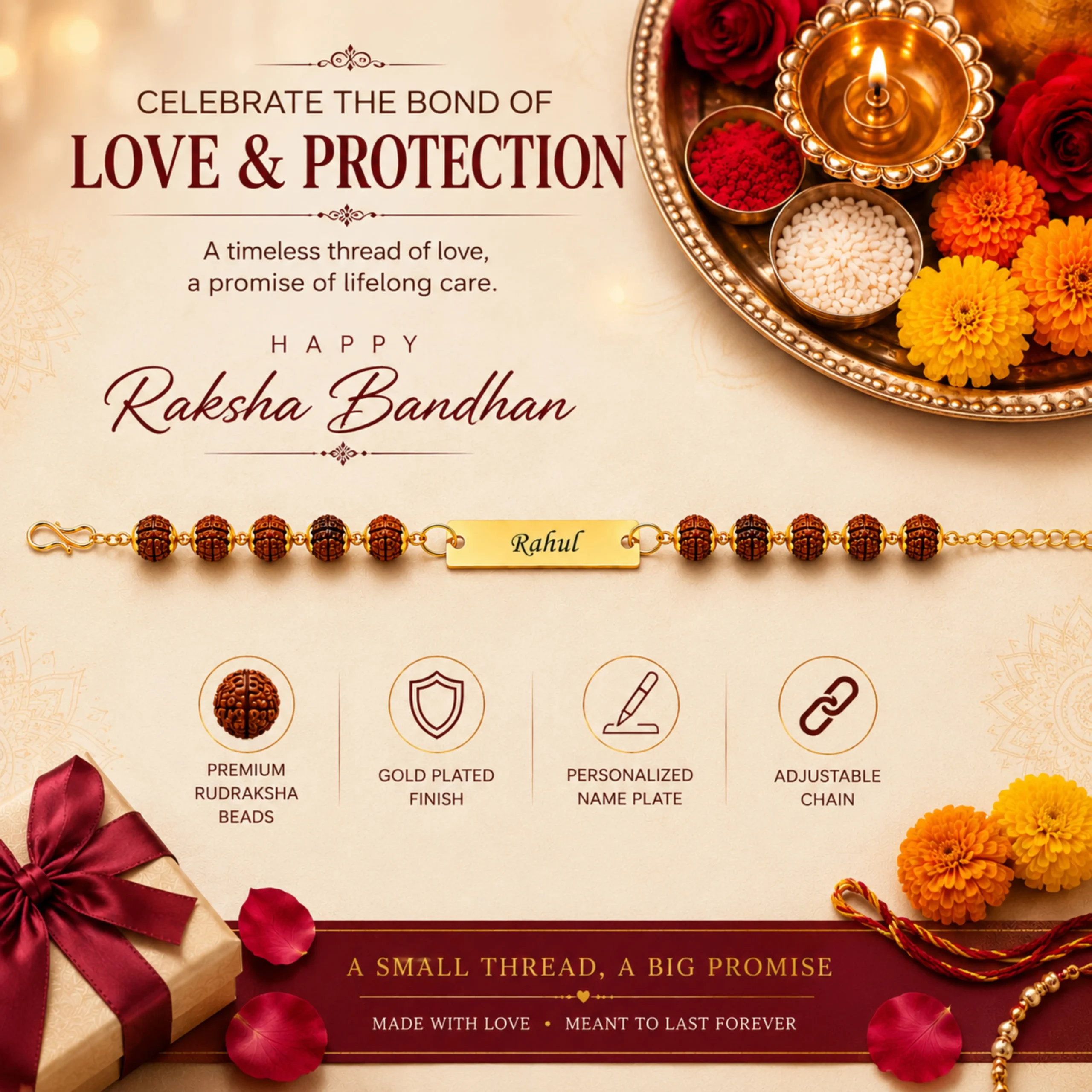 Personalized Rudraksha Rakhi Bracelet with Custom Name Plate for Raksha Bandhan