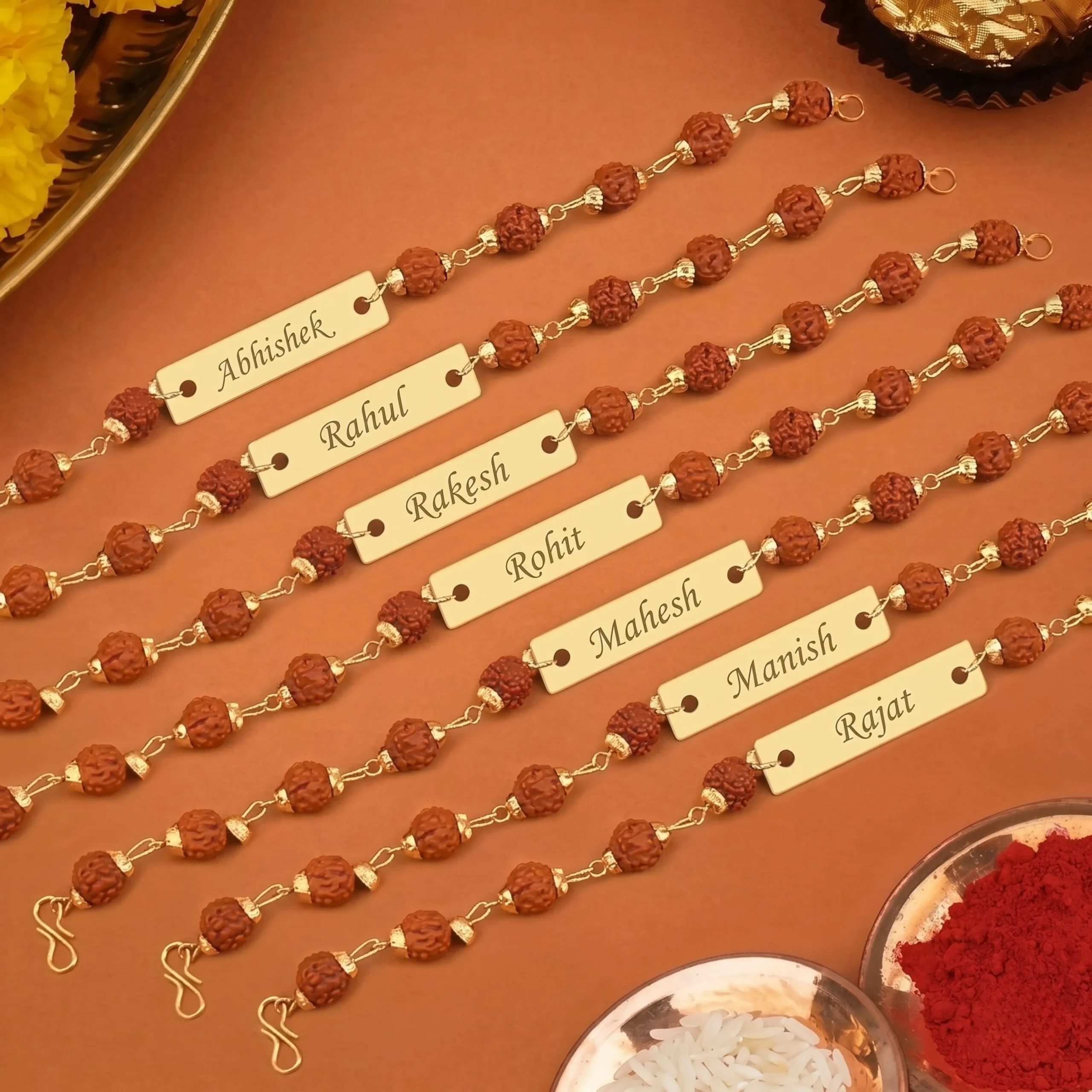 Personalized Rudraksha Rakhi Bracelet Set with Custom Engraved Name Plates for Brothers