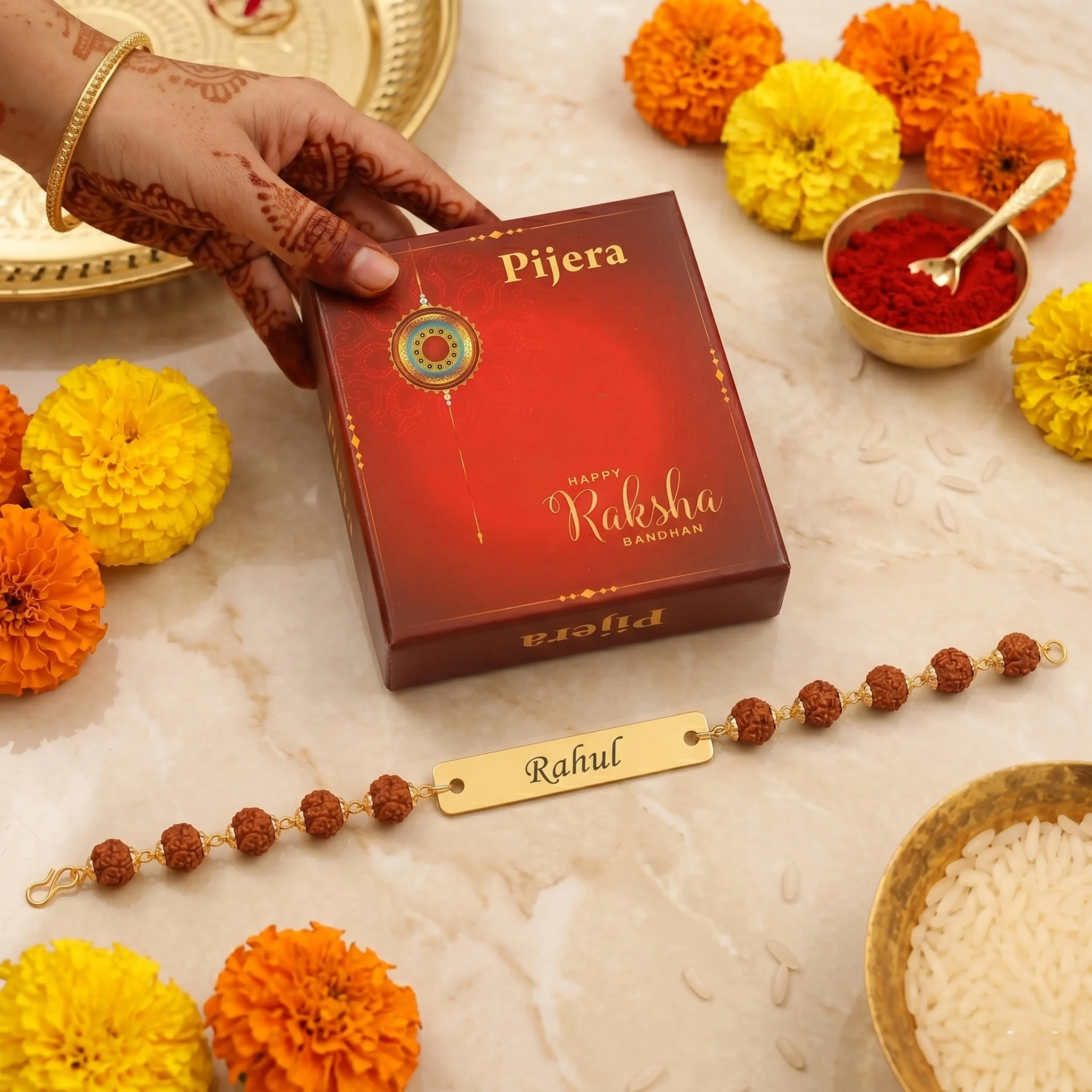 Personalized Rudraksha rakhi bracelet with premium Raksha Bandhan gift box